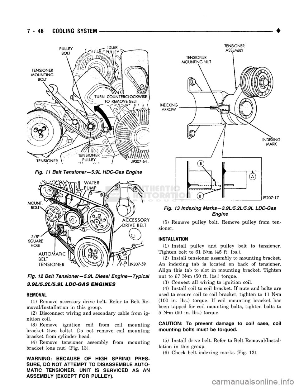 DODGE TRUCK 1993 Service Repair Manual
7
- 4S
COOLING
SYSTEM
•
PULLEY BOLT IDLER
iUlLTPULLEY-
TENSIONER
MOUNTING
BOLT TENSIONER
ASSEMBLY
TENSIONER \
rULLC,\
, / ^ J9307-64 ,
Fig.
11 Beit Tensioner—5.9L
HDC-Gas
Eng DODGE TRUCK 1993 Service Repair Manual
7
- 4S
COOLING
SYSTEM
•
PULLEY BOLT IDLER
iUlLTPULLEY-
TENSIONER
MOUNTING
BOLT TENSIONER
ASSEMBLY
TENSIONER \
rULLC,\
, / ^ J9307-64 ,
Fig.
11 Beit Tensioner—5.9L
HDC-Gas
Eng