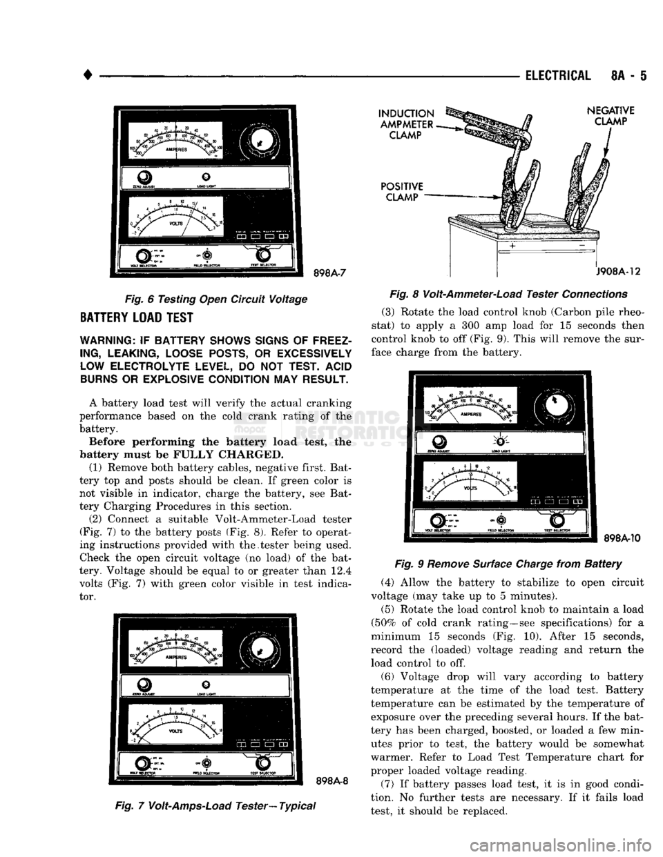 DODGE TRUCK 1993  Service Repair Manual 
• 

ELECTRICAL
 8A - i 
898A-7 

Fig.
 6
 Testing
 Open
 Circuit Voltage 

BATTERY LOAD
 TEST 
 WARNING:
 IF
 BATTERY SHOWS SIGNS
 OF
 FREEZ­
ING, LEAKING, LOOSE POSTS,
 OR
 EXCESSIVELY 
LOW ELECT