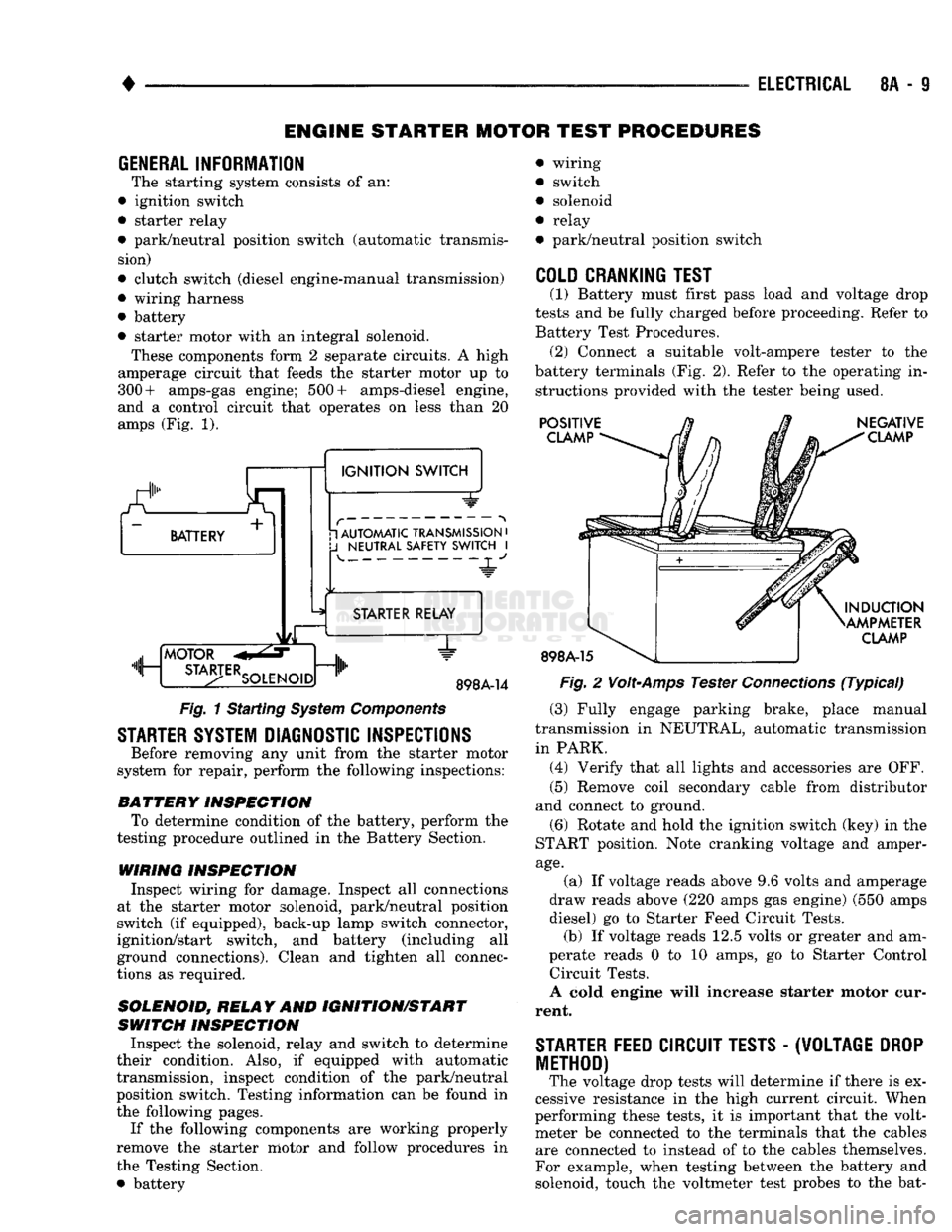 DODGE TRUCK 1993 Service Repair Manual •
ELECTRICAL
8A - 9
ENGINE STARTER MOTOR TEST PROCEDURES
GENERAL INFORMATION
The starting system consists of an:
• ignition switch
• starter relay
• park/neutral position switch (aut DODGE TRUCK 1993 Service Repair Manual •
ELECTRICAL
8A - 9
ENGINE STARTER MOTOR TEST PROCEDURES
GENERAL INFORMATION
The starting system consists of an:
• ignition switch
• starter relay
• park/neutral position switch (aut