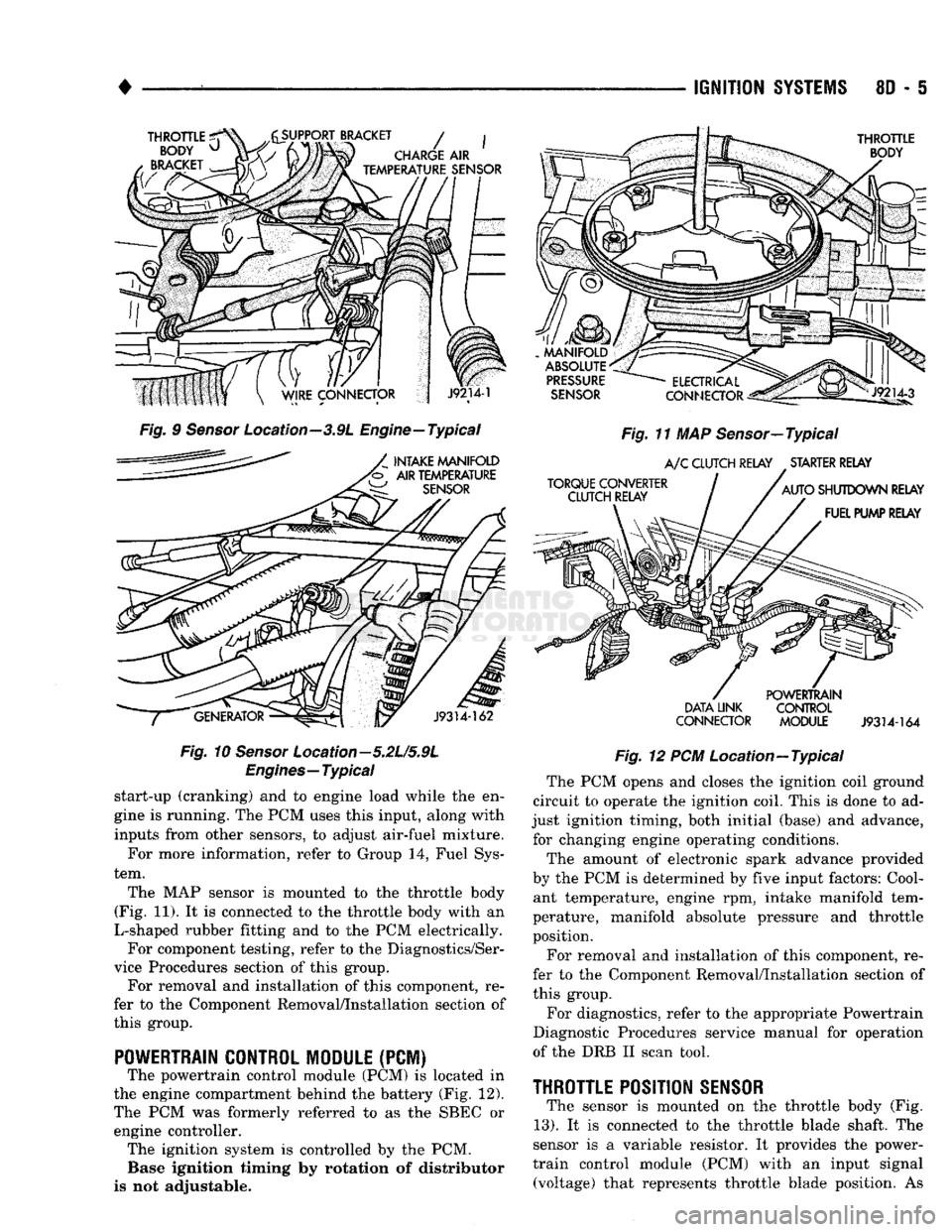 DODGE TRUCK 1993  Service Repair Manual 
• 

IGNITION
 SYSTEMS
 8D - 5 

THROTTLE
 ^ 
 BODY
 u 

BRACKET 
 y^SUPPORT
 BRACKET
 / | 

CHARGE
 AIR 

ijmmmmk
 TEMPERATURE
 SENSOR 
 THROTTLE 

BODY 

Fig.
 9
 Sensor
 Location—3.9L Engine—