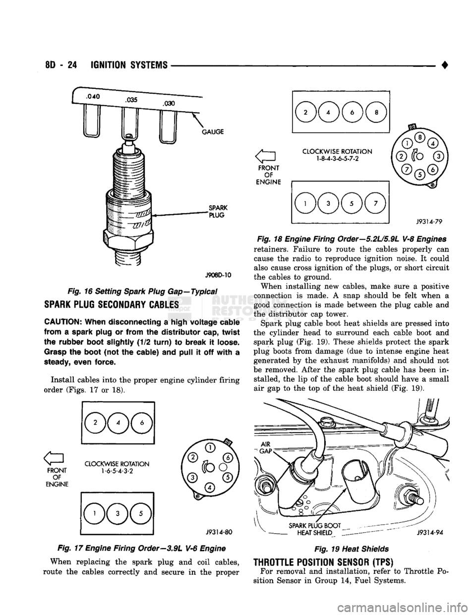 DODGE TRUCK 1993  Service Repair Manual 
8D
 - 24
 IGNITION
 SYSTEMS 

• 
.040 
 GAUGE 

SPARK 

"PLUG 

J908D-10 
 Fig.
 16 Setting
 Spark Plug
 Gap—Typical 

SPARK
 PLUG
 SECONDARY
 CABLES 
 CAUTION:
 When disconnecting
 a
 high v