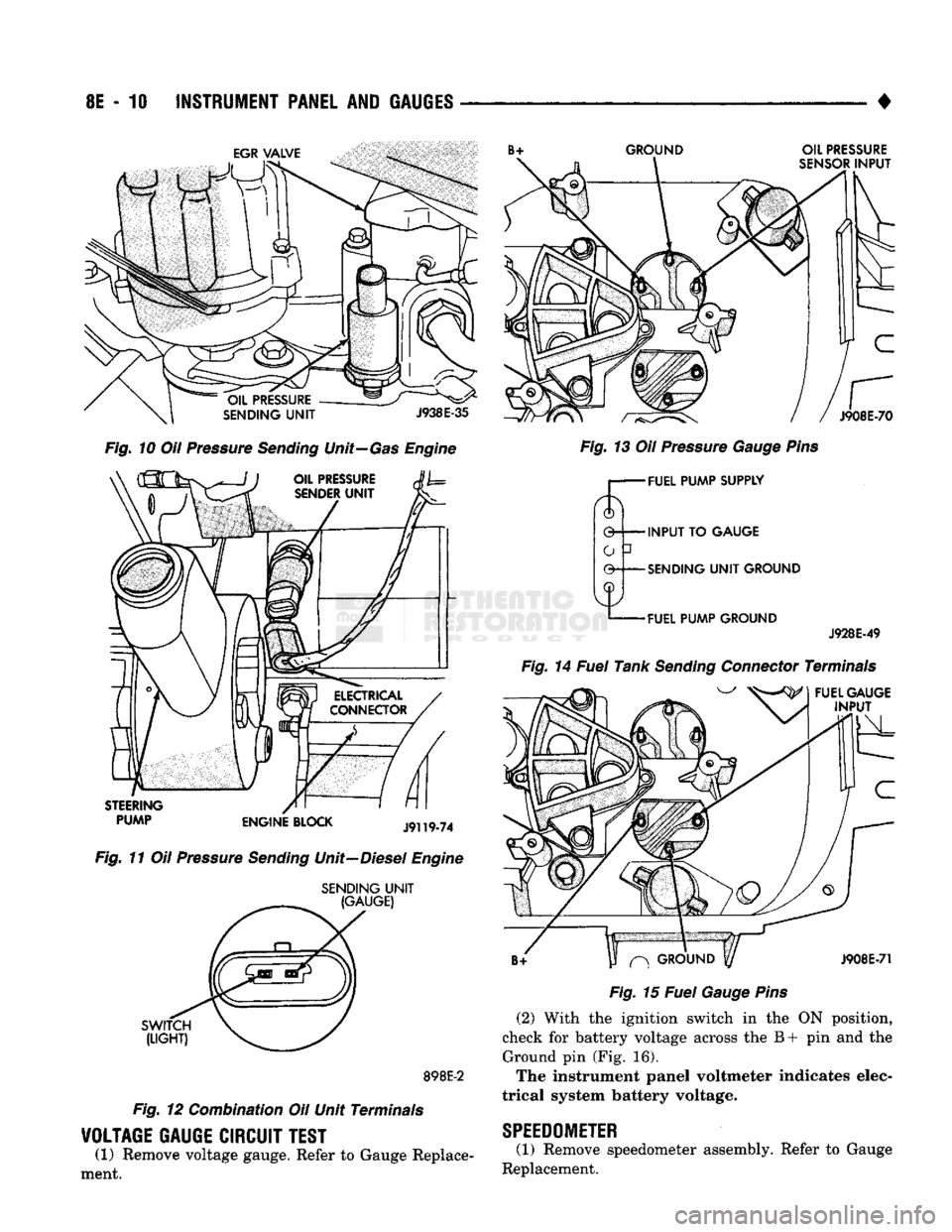 DODGE TRUCK 1993  Service Repair Manual 
8E
 - 10
 INSTRUMENT
 PANEL
 AND
 GAUGES 

GROUND 
OIL
 PRESSURE 

SENSOR
 INPUT 

J908E-70 

Fig.
 10 Oil Pressure
 Sending
 Unit—Gas Engine 

STEERING 
 PUMP 
 ENGINE
 BLOCK 

J9119-74 

Fig.
 11