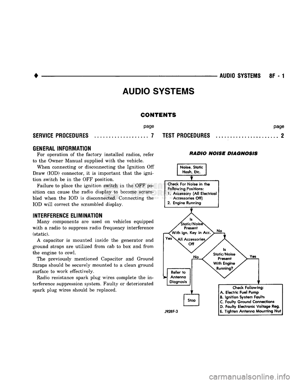 DODGE TRUCK 1993 Service Repair Manual
AUDIO SYSTEMS
CONTENTS
SERVICE
PROCEDURES
page
.. 7
TEST PROCEDURES
page
.. 2
GENERAL
INFORMATION
For operation of the factory installed radios, refer
to the Owner Manual supplied DODGE TRUCK 1993 Service Repair Manual
AUDIO SYSTEMS
CONTENTS
SERVICE
PROCEDURES
page
.. 7
TEST PROCEDURES
page
.. 2
GENERAL
INFORMATION
For operation of the factory installed radios, refer
to the Owner Manual supplied