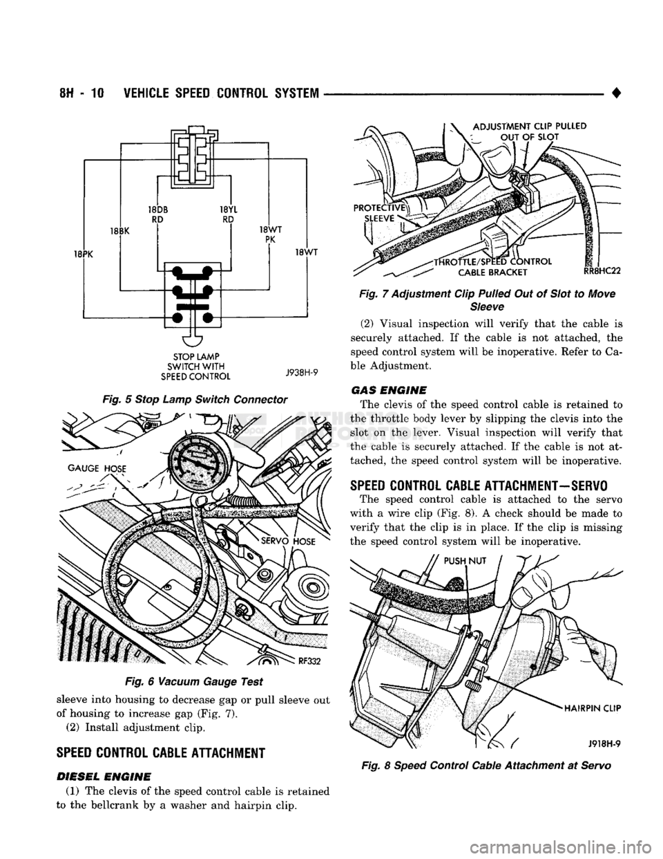 DODGE TRUCK 1993 Service Repair Manual
8H
- 10
VEHICLE
SPEED
CONTROL
SYSTEM
•
18PK ADJUSTMENT CLIP PULLED
OUT
OF
SLOT
18WT
STOP LAMP
SWITCH
WITH
SPEED
CONTROL
J938H-9
Fig.
5
Stop
Lamp
Switch
Connector
Fi DODGE TRUCK 1993 Service Repair Manual
8H
- 10
VEHICLE
SPEED
CONTROL
SYSTEM
•
18PK ADJUSTMENT CLIP PULLED
OUT
OF
SLOT
18WT
STOP LAMP
SWITCH
WITH
SPEED
CONTROL
J938H-9
Fig.
5
Stop
Lamp
Switch
Connector
Fi