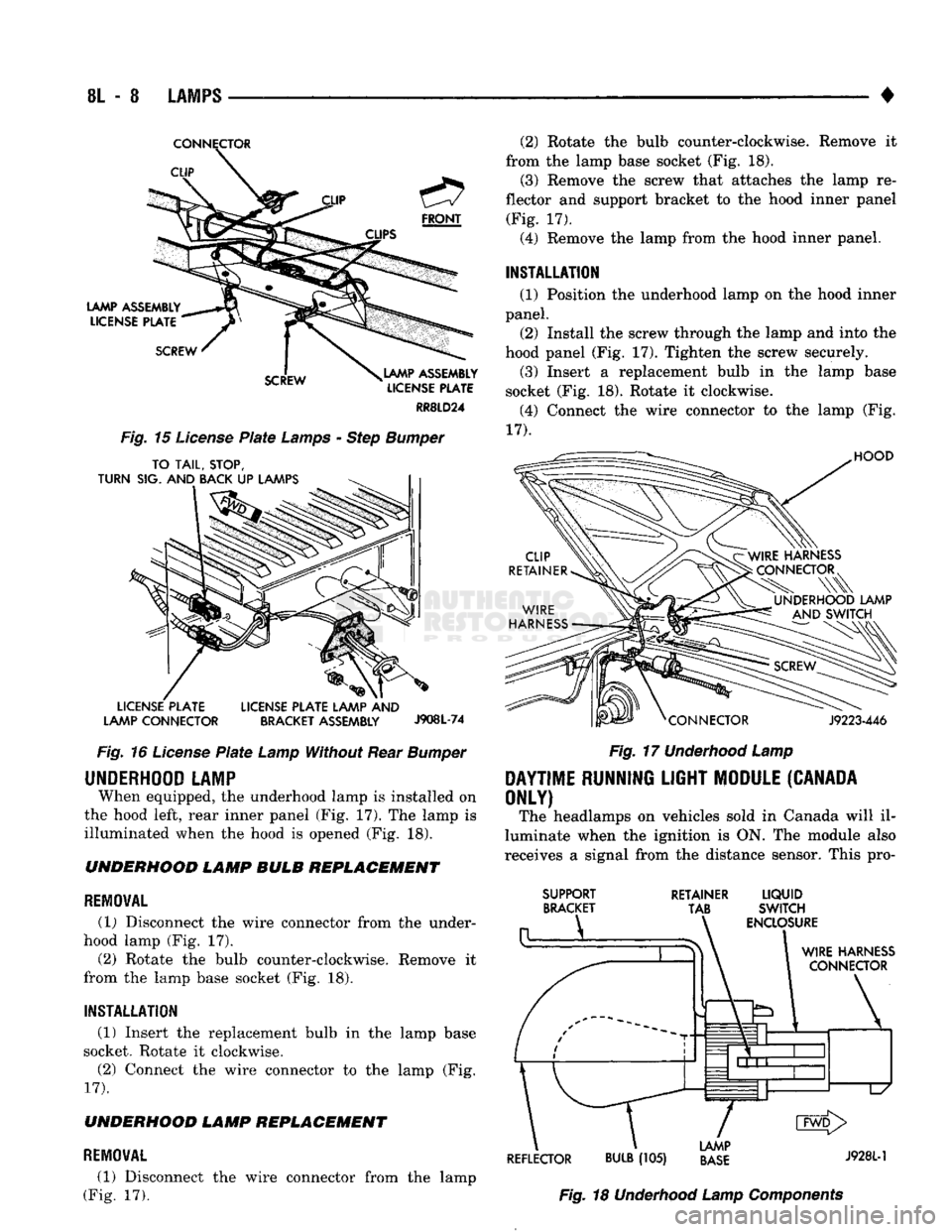 DODGE TRUCK 1993  Service Repair Manual 
8L
 - 8
 LAMPS 

CONNECTOR 

CUP 
 FRONT 

LAMP
 ASSEMBLY 
 LICENSE
 PLATE 

SCREW 
LAMP
 ASSEMBLY 

LICENSE
 PLATE 

RR8LD24 

Fig.
 15
 License
 Plate
 Lamps
 -
 Step
 Bumper 
 TO
 TAIL,
 STOP, 

T