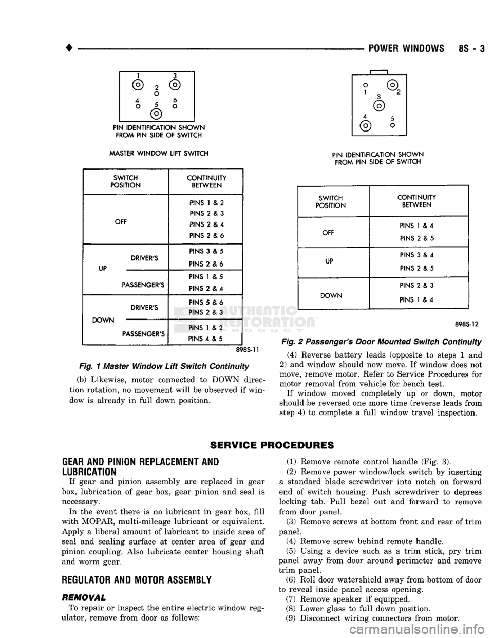 DODGE TRUCK 1993 Service Repair Manual
•
POWER
WINDOWS
8S - 3
FROM PIN
SIDE
OF
SWITCH
MASTER
WINDOW
LIFT
SWITCH
SWITCH
POSITION CONTINUITY
BETWEEN
OFF
PINS
1 & 2
PINS
2 & 3
PINS
2 &4
PINS
2 & 6
DRIVER& DODGE TRUCK 1993 Service Repair Manual
•
POWER
WINDOWS
8S - 3
FROM PIN
SIDE
OF
SWITCH
MASTER
WINDOW
LIFT
SWITCH
SWITCH
POSITION CONTINUITY
BETWEEN
OFF
PINS
1 & 2
PINS
2 & 3
PINS
2 &4
PINS
2 & 6
DRIVER&