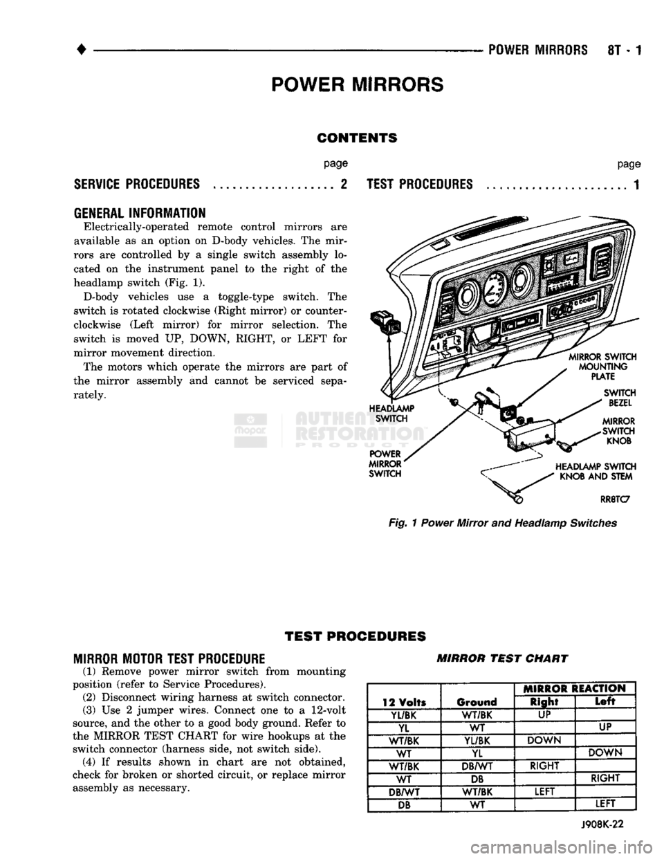 DODGE TRUCK 1993  Service Repair Manual 
POWER
 MIRRORS 

CONTENTS 
page 
SERVICE PROCEDURES
 2 

GENERAL
 INFORMATION 
 Electrically-operated remote control mirrors are 
available as an option on D-body vehicles. The mir­
rors are control