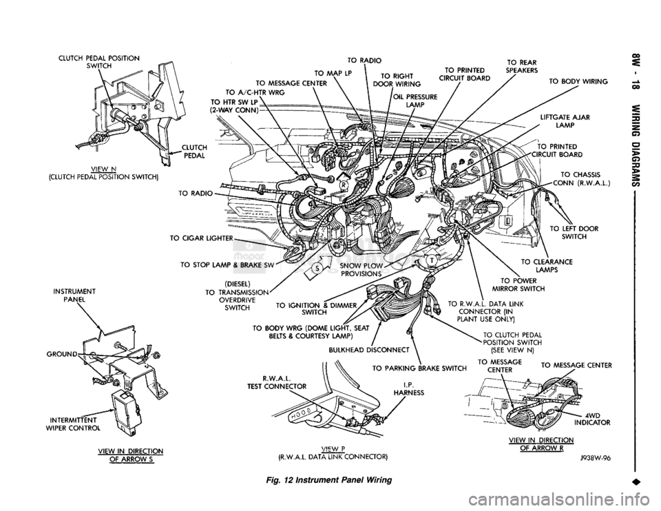 DODGE TRUCK 1993  Service Repair Manual 
CLUTCH PEDAL POSITION 
SWITCH  TO RADIO 
TO
 MAP LP , TQ R,GHT 

TO
 MESSAGE
 CENTER
 \ \
 DOOR WIRING 
TO A/C-HTR
 WRG 

TO
 HTR SW LP' 

(2-WAY
 CONN)1  TO PRINTED 
CIRCUIT BOARD  TO REAR 

SPE