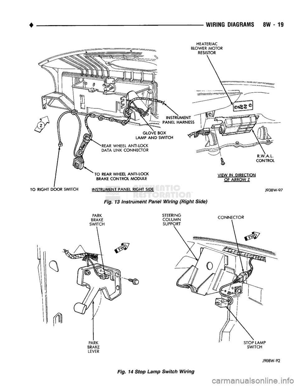 DODGE TRUCK 1993  Service Repair Manual 
WIRING
 DIAGRAMS 8W - 19 
RIGHT DOOR SWITCH 
 HEATER/AC 

BLOWER
 MOTOR 
 RESISTOR 

INSTRUMENT 

PANEL
 HARNESS 

GLOVE
 BOX 

LAMP
 AND SWITCH 

*REAR
 WHEEL ANTI-LOCK  DATA LINK CONNECTOR 
'TO