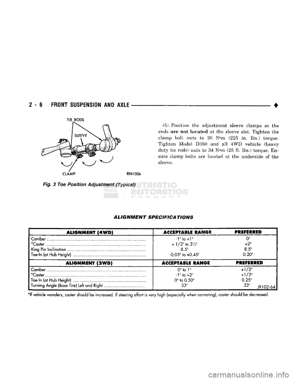 DODGE TRUCK 1993  Service Repair Manual 
2
 - 6
 FRONT
 SUSPENSION
 AND
 AXLE 

• 
(5) Position the adjustment sleeve clamps so the 
ends are not located at the sleeve slot. Tighten the 
clamp bolt nuts to 26 N*m (225 in. lbs.) torque. 
T