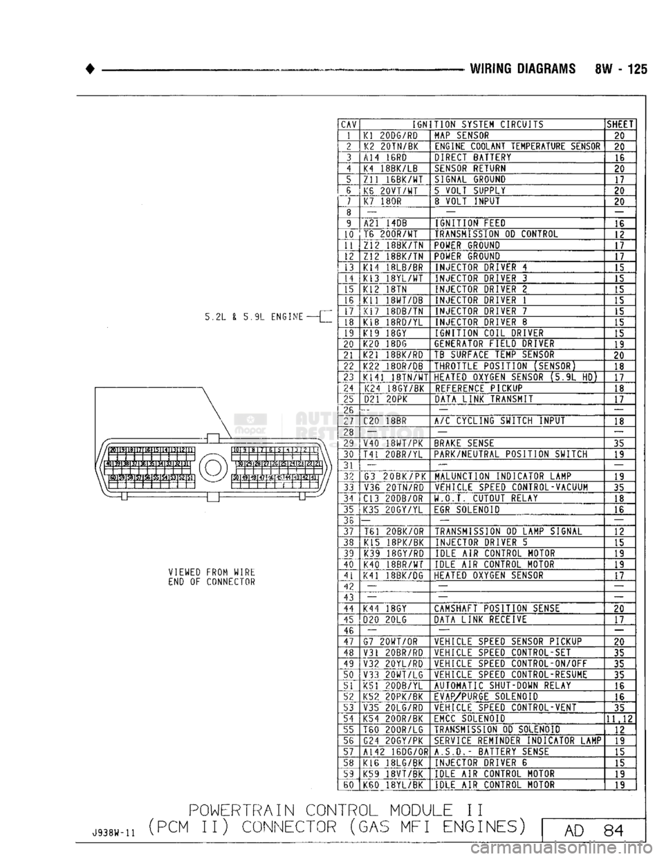 DODGE TRUCK 1993 Service Repair Manual
WIRING
DIAGRAMS 8W - 125
5.2L £ 5.9L ENGINE VIEWED FROM WIRE
END OF CONNECTOR
POWERTRAIN
CON
J938W-H
(PCM II) CONNECTOR
CAV
IGNITION
SYSTEM CIRCUITS SHEET
1
Kl
200G/RD
MAP
SE DODGE TRUCK 1993 Service Repair Manual
WIRING
DIAGRAMS 8W - 125
5.2L £ 5.9L ENGINE VIEWED FROM WIRE
END OF CONNECTOR
POWERTRAIN
CON
J938W-H
(PCM II) CONNECTOR
CAV
IGNITION
SYSTEM CIRCUITS SHEET
1
Kl
200G/RD
MAP
SE