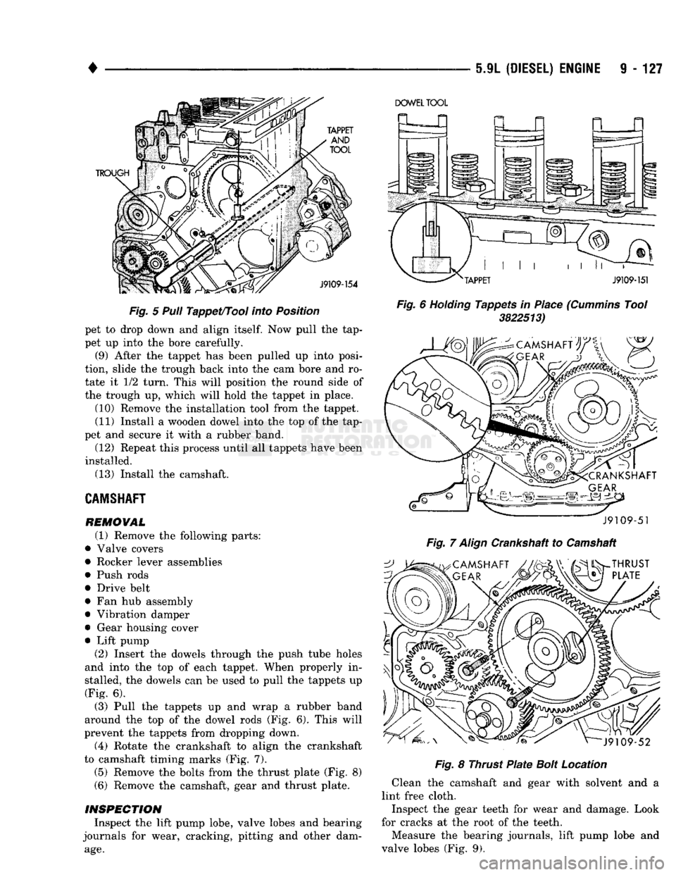 DODGE TRUCK 1993 Service Repair Manual
•
5.9L
(DIESEL) ENGINE
9 - 127
Fig.
5 Pull
Tappet/Tool
into
Position pet to drop down and align
itself.
Now pull the tap
pet up into the bore carefully. (9) After the tappet has been DODGE TRUCK 1993 Service Repair Manual
•
5.9L
(DIESEL) ENGINE
9 - 127
Fig.
5 Pull
Tappet/Tool
into
Position pet to drop down and align
itself.
Now pull the tap
pet up into the bore carefully. (9) After the tappet has been
