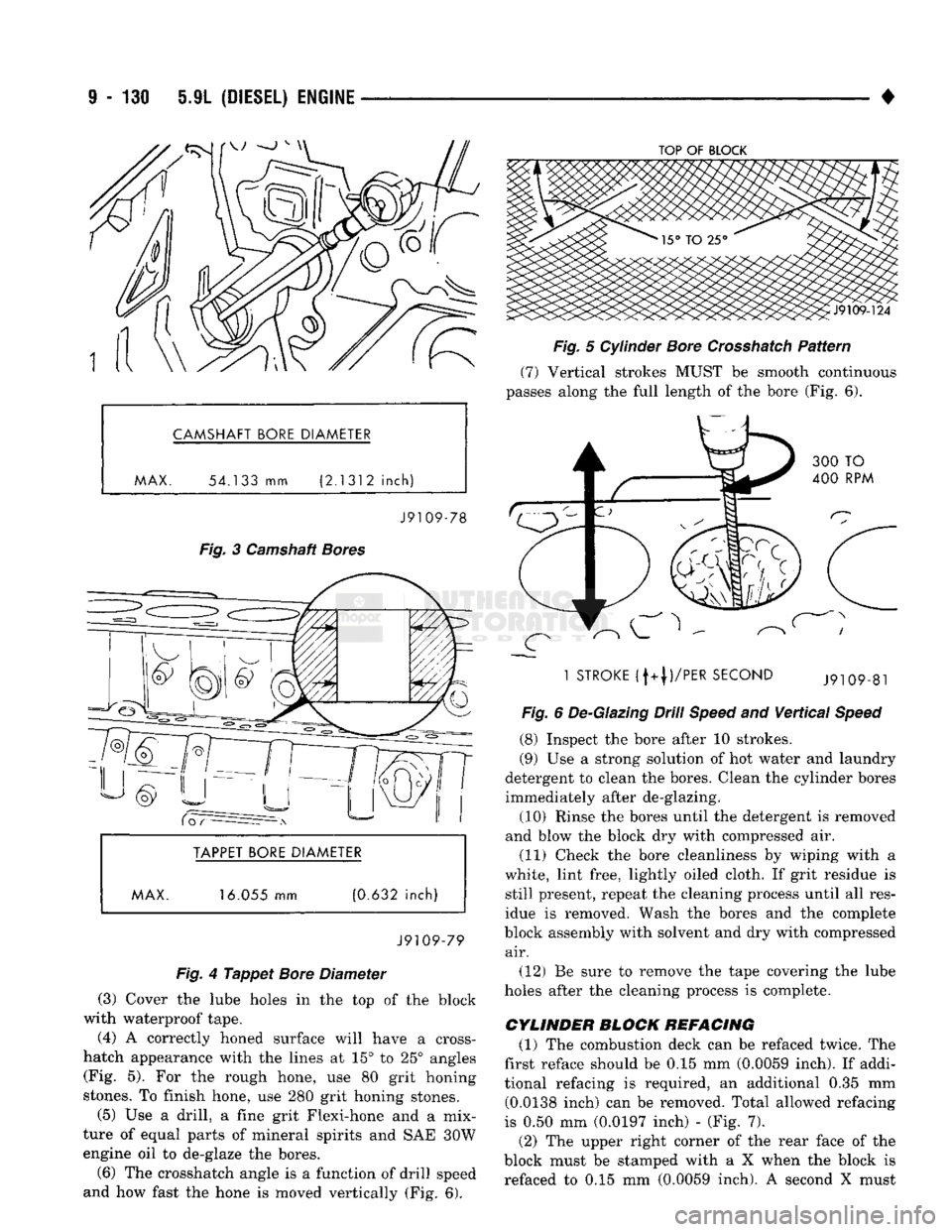 DODGE TRUCK 1993 Service Repair Manual
9
- 130 5.9L
(DIESEL) ENGINE
• CAMSHAFT BORE DIAMETER
MAX.
54.133
mm
(2.1312
inch)
J9109-78
Fig.
3 Camshaft
Bores
BORE DIAMETER
MAX. 16.055 mm (0.632 inch)
J9109-79
Fig.
4
Ta DODGE TRUCK 1993 Service Repair Manual
9
- 130 5.9L
(DIESEL) ENGINE
• CAMSHAFT BORE DIAMETER
MAX.
54.133
mm
(2.1312
inch)
J9109-78
Fig.
3 Camshaft
Bores
BORE DIAMETER
MAX. 16.055 mm (0.632 inch)
J9109-79
Fig.
4
Ta