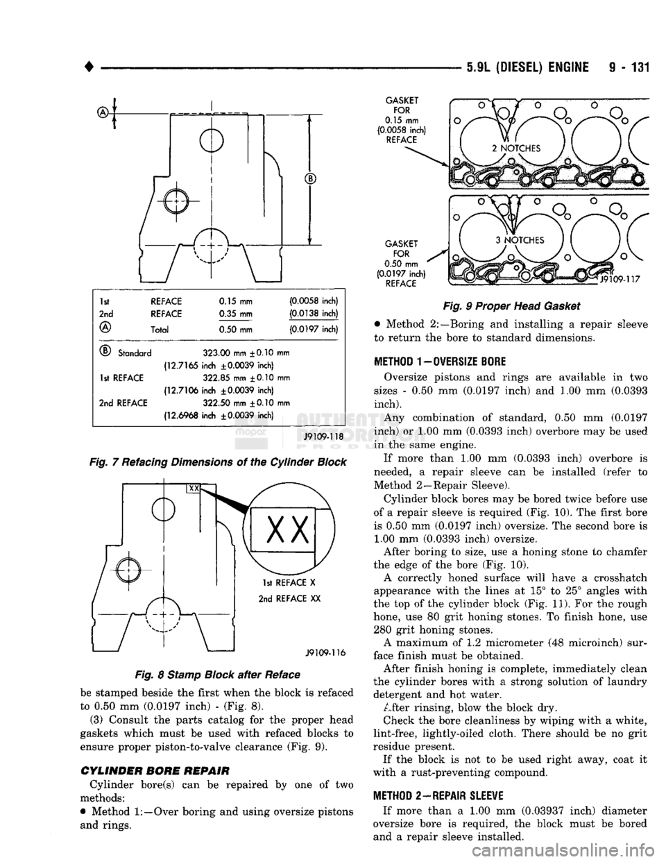DODGE TRUCK 1993 Service Repair Manual
•
5.9L (DIESEL) ENGINE
9 - 131
1st REFACE
0.15 mm
(0.0058
inch)
2nd REFACE
0.35 mm
(0.0138
inch)
®
Total
0.50
mm
(0.0197
inch)
®
Standard
323.00
mm ±0.10 mn i DODGE TRUCK 1993 Service Repair Manual
•
5.9L (DIESEL) ENGINE
9 - 131
1st REFACE
0.15 mm
(0.0058
inch)
2nd REFACE
0.35 mm
(0.0138
inch)
®
Total
0.50
mm
(0.0197
inch)
®
Standard
323.00
mm ±0.10 mn i