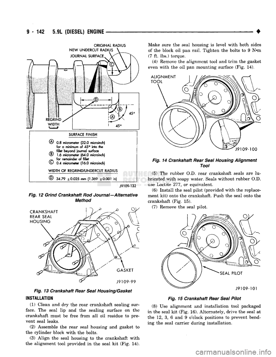 DODGE TRUCK 1993 Service Repair Manual
9
- 142 5.9L
(DIESEL)
ENGINE
•
ORIGINAL
RADIUS
SURFACE
FINISH
®
0.3
micrometer
(32.0
microinch)
for a
minimum
of
45° into the
^ fillet
beyond
journal
surface
v§/
1.6 DODGE TRUCK 1993 Service Repair Manual
9
- 142 5.9L
(DIESEL)
ENGINE
•
ORIGINAL
RADIUS
SURFACE
FINISH
®
0.3
micrometer
(32.0
microinch)
for a
minimum
of
45° into the
^ fillet
beyond
journal
surface
v§/
1.6
