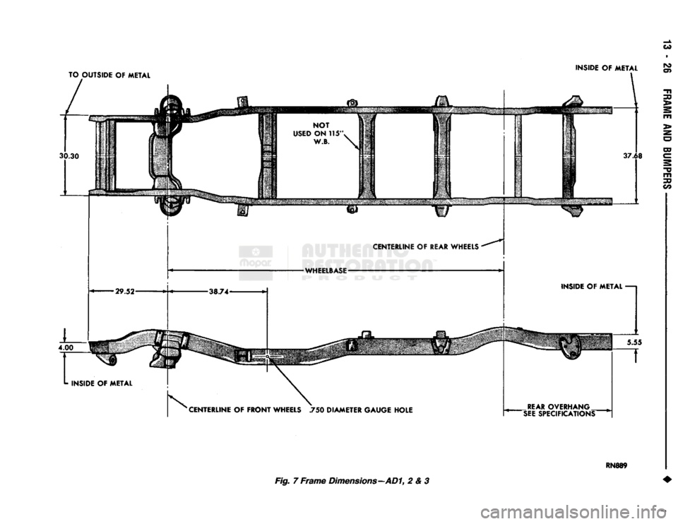 DODGE TRUCK 1993  Service Repair Manual 
TO OUTSIDE
 OF
 METAL 

INSIDE
 OF
 METAL 

37.68 

CENTERLINE
 OF
 FRONT
 WHEELS
 750
 DIAMETER GAUGE HOLE  5.55 

REAR
 OVERHANG 

'SEE
 SPECIFICATIONS" 
 Fig. 7
 Frame
 Dimensions—AD1, 2
