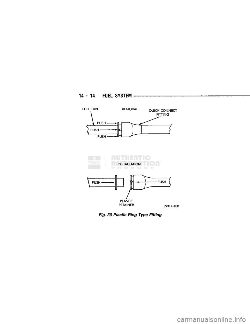 DODGE TRUCK 1993  Service Repair Manual 
14 - 14
 FUEL
 SYSTEM 
FUEL TUBE 
 REMOVAL 

QUICK CONNECT 

FITTING 

PUSH 
 INSTALLATION 
^ PUSH
 »-
 / 

PLASTIC 

RETAINER
 J93U-100 

Fig.
 30 Plastic
 Ring
 Type Fitting 
 •PUSH   