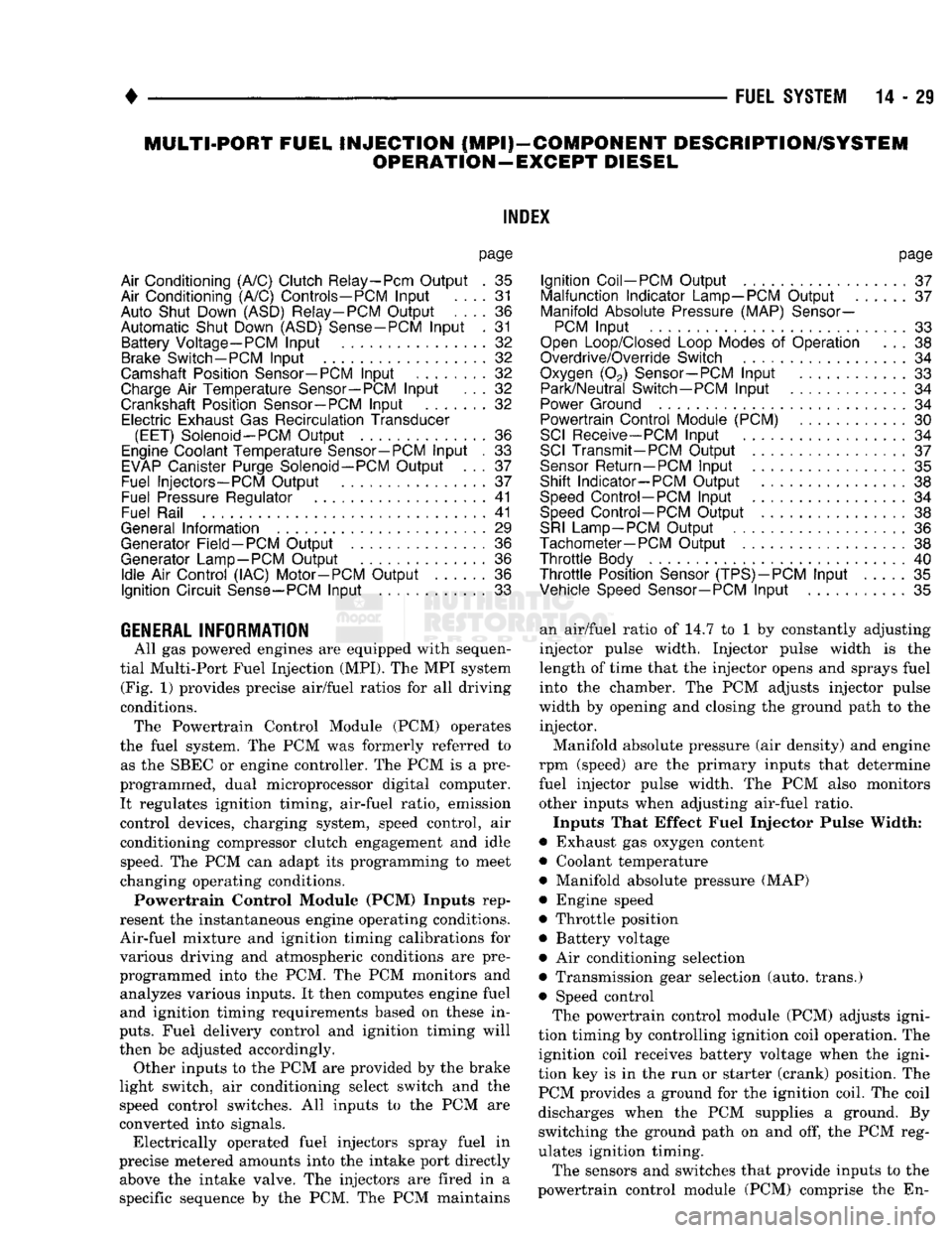 DODGE TRUCK 1993  Service Repair Manual 
• 

FUEL
 SYSTEM
 14-29 
MULTI-PORT
 FUEL
 INJECTION
 (MPI)-COMPONENT DESCRIPTION/SYSTEM 
OPERATION-EXCEPT DIESEL 

INDEX 

page 

Air
 Conditioning (A/C) Clutch
 Relay-Pern
 Output
 . 35 

Air
 Co