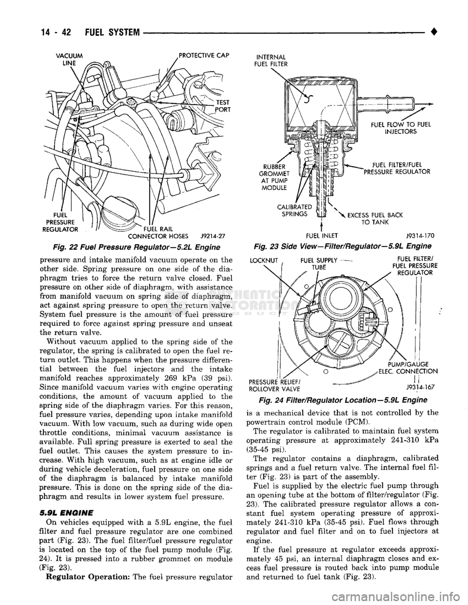 DODGE TRUCK 1993 Service Repair Manual
VACUUM
LINE
PROTECTIVE
CAP
INTERNAL
FUEL FILTER FUEL
PRESSURE
REGULATOR FUEL RAIL
CONNECTOR
HOSES
J9214-27
Fig.
22
Fuel
Pressure
Regulator—5.2L
Engine
pressure
and
intake DODGE TRUCK 1993 Service Repair Manual
VACUUM
LINE
PROTECTIVE
CAP
INTERNAL
FUEL FILTER FUEL
PRESSURE
REGULATOR FUEL RAIL
CONNECTOR
HOSES
J9214-27
Fig.
22
Fuel
Pressure
Regulator—5.2L
Engine
pressure
and
intake