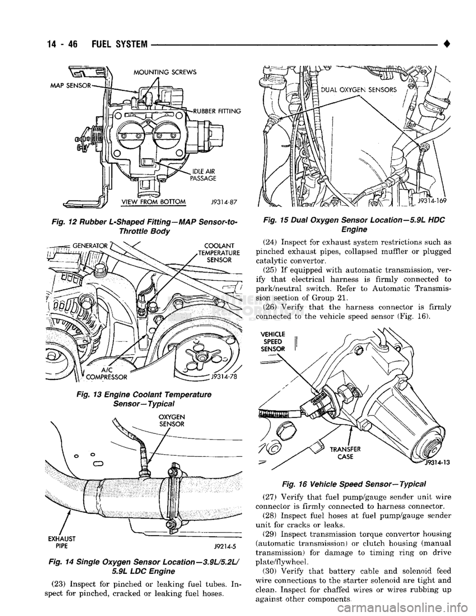 DODGE TRUCK 1993  Service Repair Manual 
14
 - 46
 FUEL
 SYSTEM 

Fig.
 12
 Rubber
 L-Shaped
 Fitting—MAP
 Sensor-to-
 Throttie
 Body 

Fig.
 13
 Engine
 Coolant
 Temperature 
 Sensor—
 Typical 
EXHAUST
 ~~ 

PIPE
 J9214-5 

Fig.
 14
 S