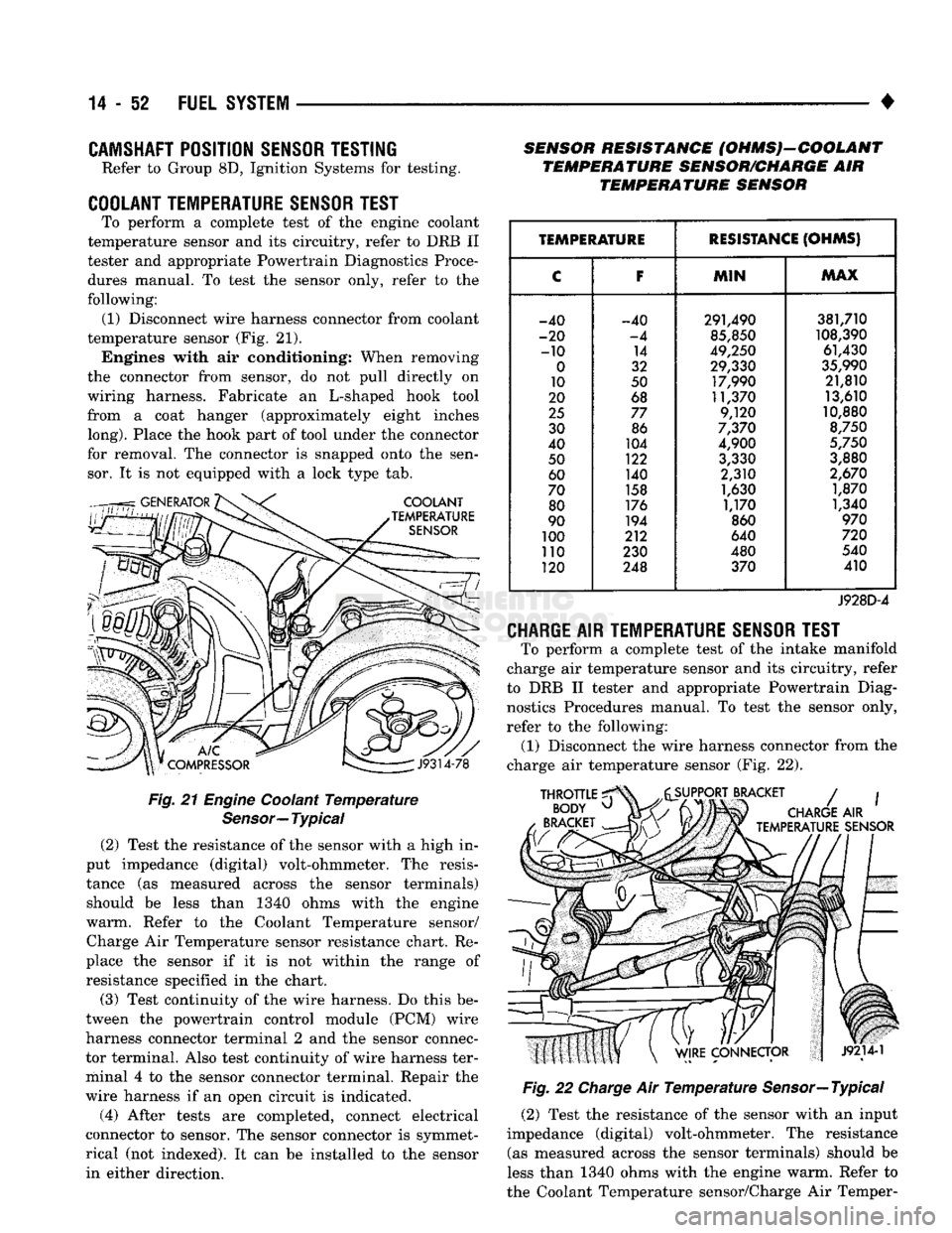 DODGE TRUCK 1993  Service Repair Manual 
14-52
 FUEL
 SYSTEM 

• 
CAMSHAFT
 POSITION
 SENSOR
 TESTING 

Refer to Group 8D, Ignition Systems for testing. 

COOLANT
 TEMPERATURE
 SENSOR
 TEST 
 To perform a complete test of the engine coola