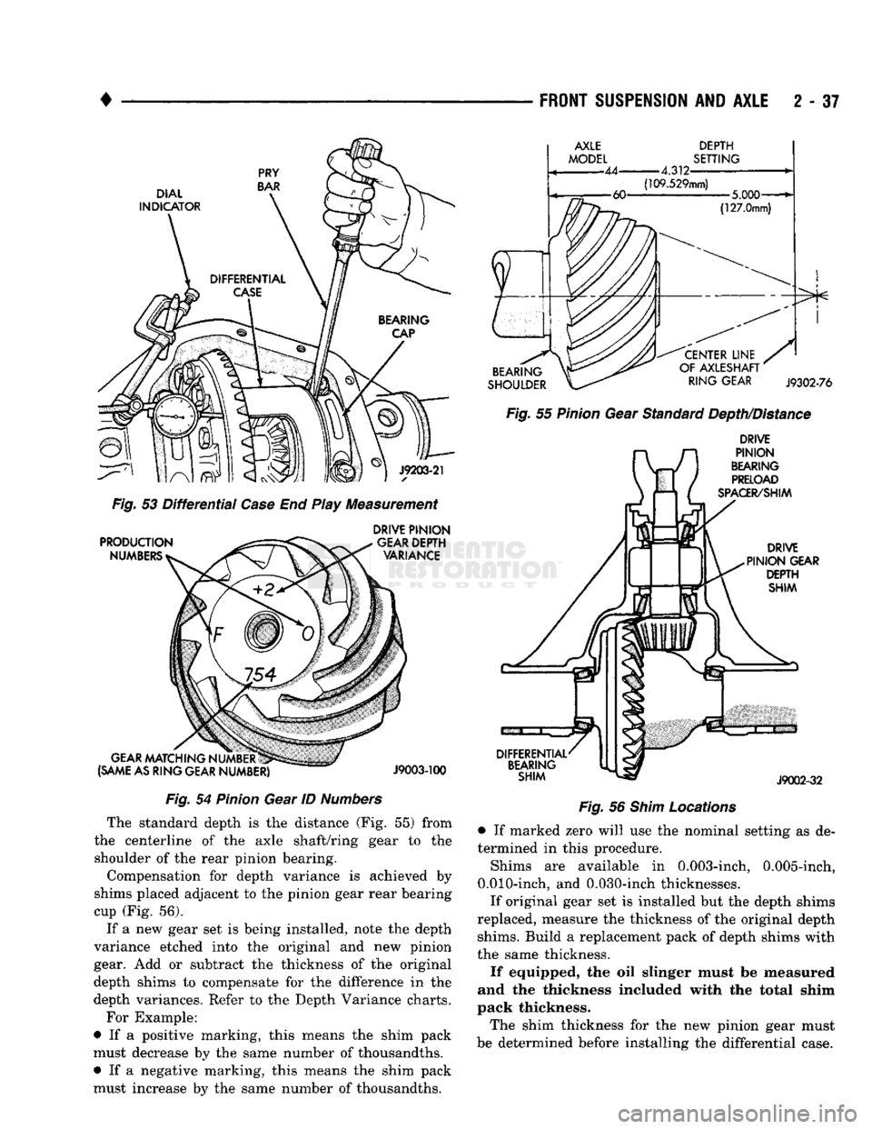 DODGE TRUCK 1993 Service Repair Manual
•
Fig,
53
Differential
Case
End Play Measurement
DRIVE
PINION
Fig.
54
Pinion
Gear ID
Numbers
The standard depth is the distance (Fig. 55) from
the centerline of the axle shaft/rin DODGE TRUCK 1993 Service Repair Manual
•
Fig,
53
Differential
Case
End Play Measurement
DRIVE
PINION
Fig.
54
Pinion
Gear ID
Numbers
The standard depth is the distance (Fig. 55) from
the centerline of the axle shaft/rin
