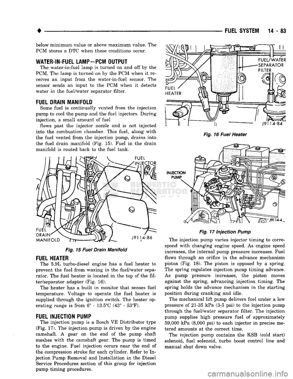 DODGE TRUCK 1993  Service Repair Manual 
• 

FUEL SYSTEM
 14 - 83 below minimum value or above maximum value. The 
PCM stores a DTC when these conditions occur. 

WATER-IN-FUEL LAMP-PCM
 OUTPUT 
 The water-in-fuel lamp is turned on and of