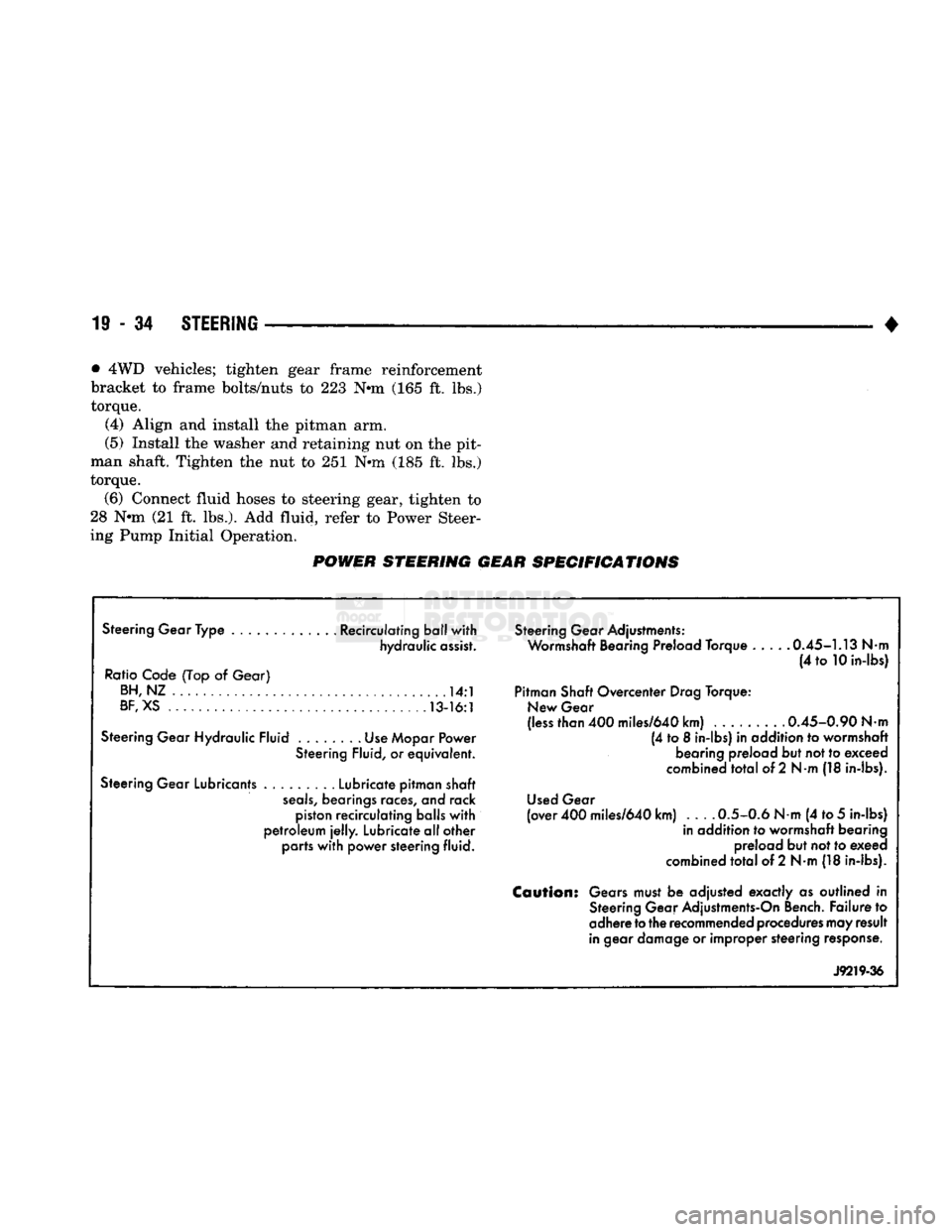 DODGE TRUCK 1993  Service Repair Manual 
19
 - 34
 STEERING 

• •
 4WD vehicles; tighten gear frame reinforcement 
bracket to frame bolts/nuts to 223 N-m (165 ft. lbs.) 
torque. 
(4) Align and install the pitman arm. 
(5) Install the wa