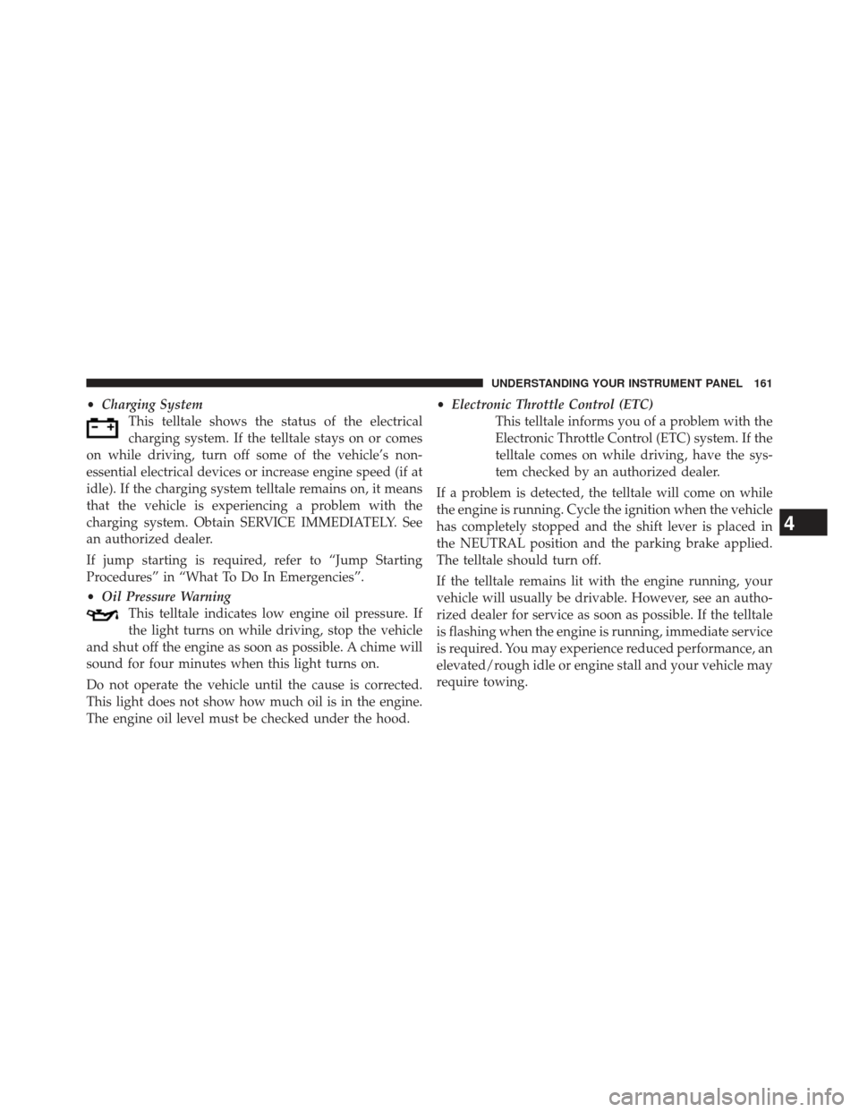 DODGE VIPER 2013 VX / 3.G Owners Manual •Charging System
This telltale shows the status of the electrical
charging system. If the telltale stays on or comes
on while driving, turn off some of the vehicle’s non-
essential electrical devi