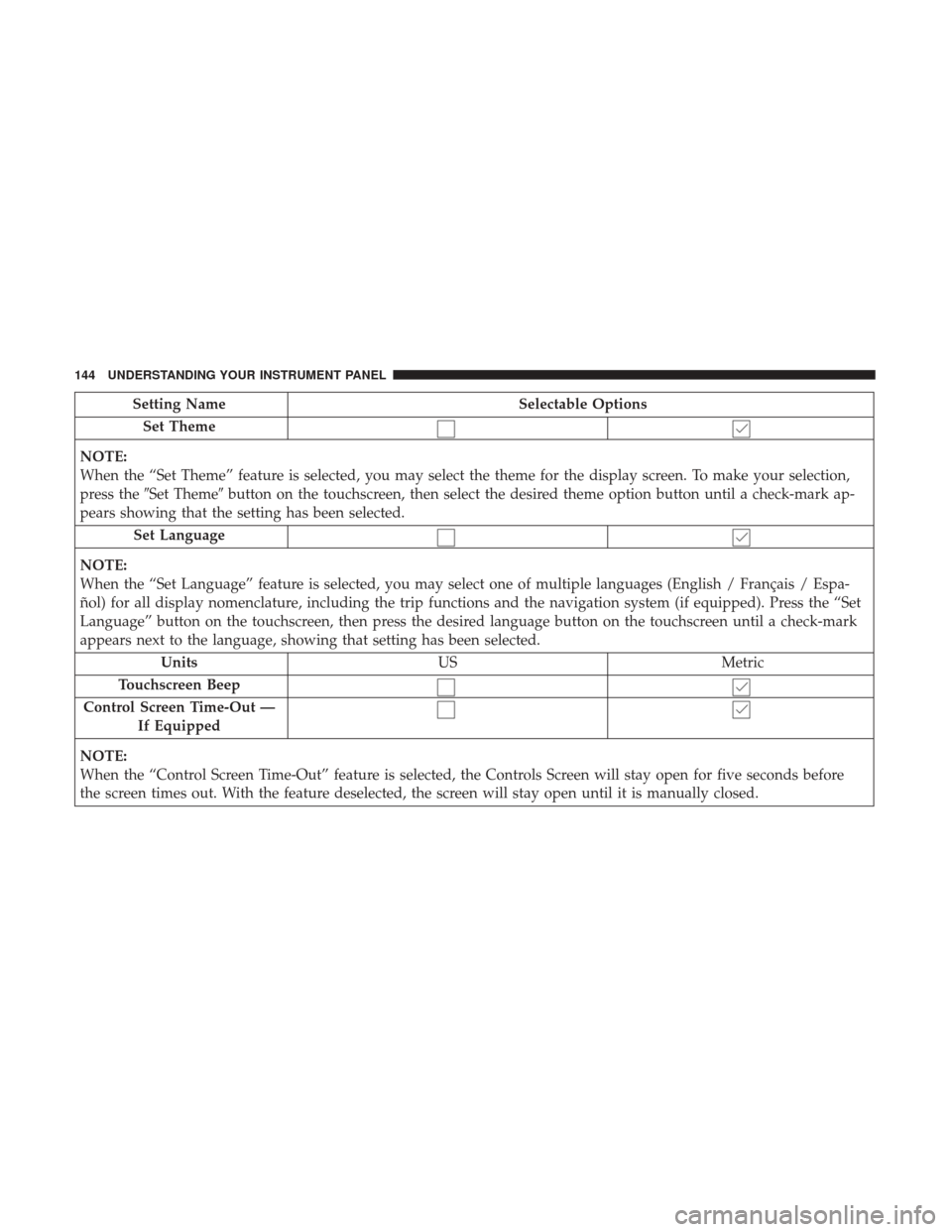 DODGE VIPER 2017 VX / 3.G Owners Manual Setting NameSelectable Options
Set Theme
NOTE:
When the “Set Theme” feature is selected, you may select the theme for the display screen. To make your selection,
press the Set Theme button on th DODGE VIPER 2017 VX / 3.G Owners Manual Setting NameSelectable Options
Set Theme
NOTE:
When the “Set Theme” feature is selected, you may select the theme for the display screen. To make your selection,
press the Set Theme button on th