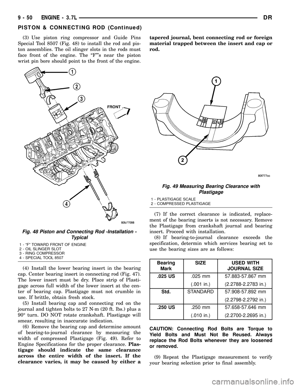 DODGE RAM 1500 1998 2.G Workshop Manual (3) Use piston ring compressor and Guide Pins
Special Tool 8507 (Fig. 48) to install the rod and pis-
ton assemblies. The oil slinger slots in the rods must
face front of the engine. The ªFºs near 