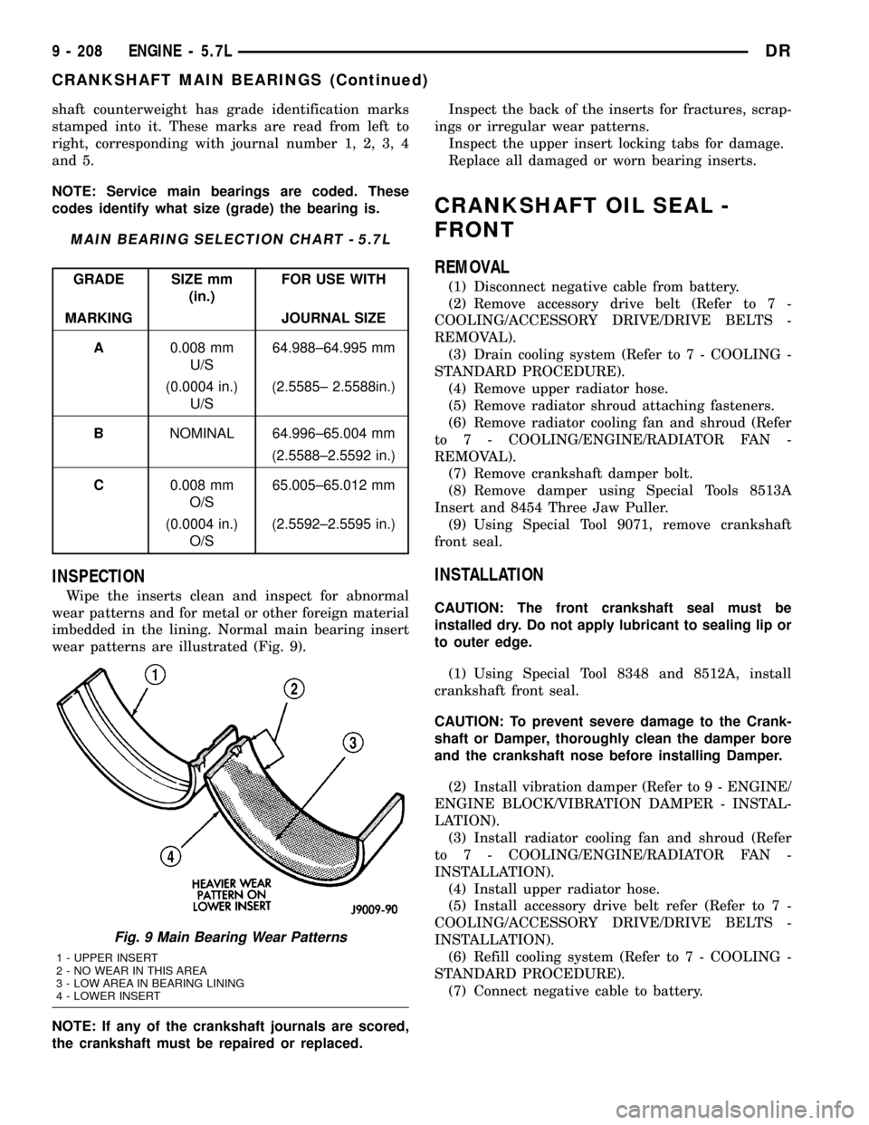 DODGE RAM 1500 1998 2.G Workshop Manual shaft counterweight has grade identification marks
stamped into it. These marks are read from left to
right, corresponding with journal number 1, 2, 3, 4
and 5.
NOTE: Service main bearings are coded. 