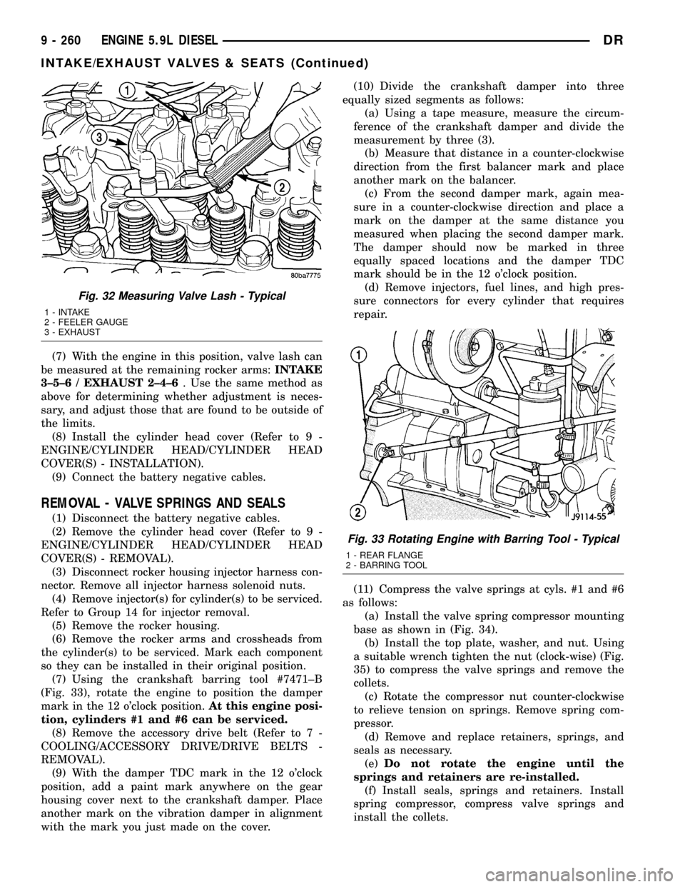 DODGE RAM 1500 1998 2.G Workshop Manual (7) With the engine in this position, valve lash can
be measured at the remaining rocker arms:INTAKE
3±5±6 / EXHAUST 2±4±6. Use the same method as
above for determining whether adjustment is neces