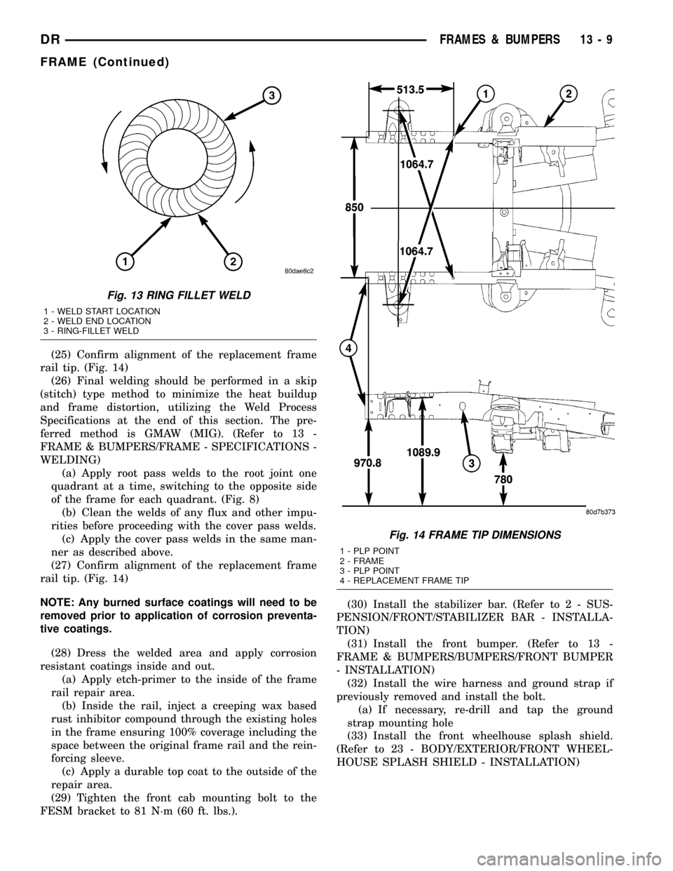 DODGE RAM 1500 1998 2.G Workshop Manual (25) Confirm alignment of the replacement frame
rail tip. (Fig. 14)
(26) Final welding should be performed in a skip
(stitch) type method to minimize the heat buildup
and frame distortion, utilizing t