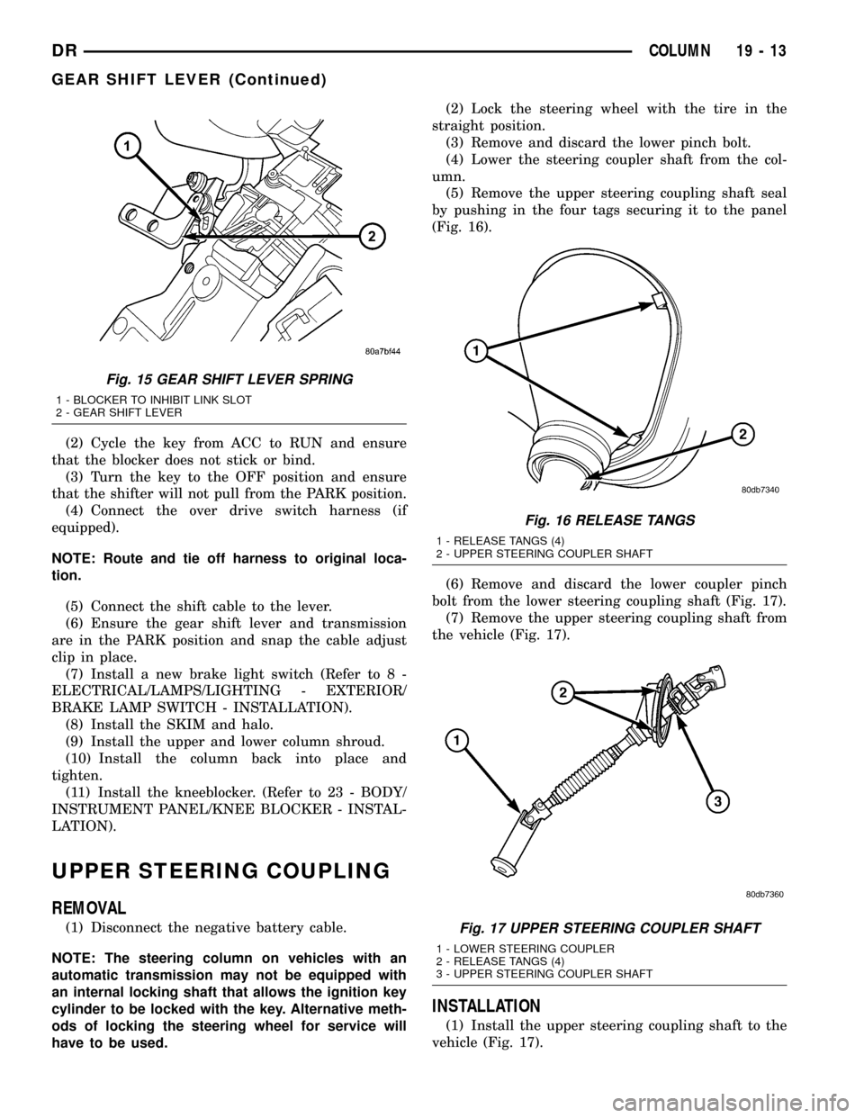 DODGE RAM 1500 1998 2.G Workshop Manual (2) Cycle the key from ACC to RUN and ensure
that the blocker does not stick or bind.
(3) Turn the key to the OFF position and ensure
that the shifter will not pull from the PARK position.
(4) Connect