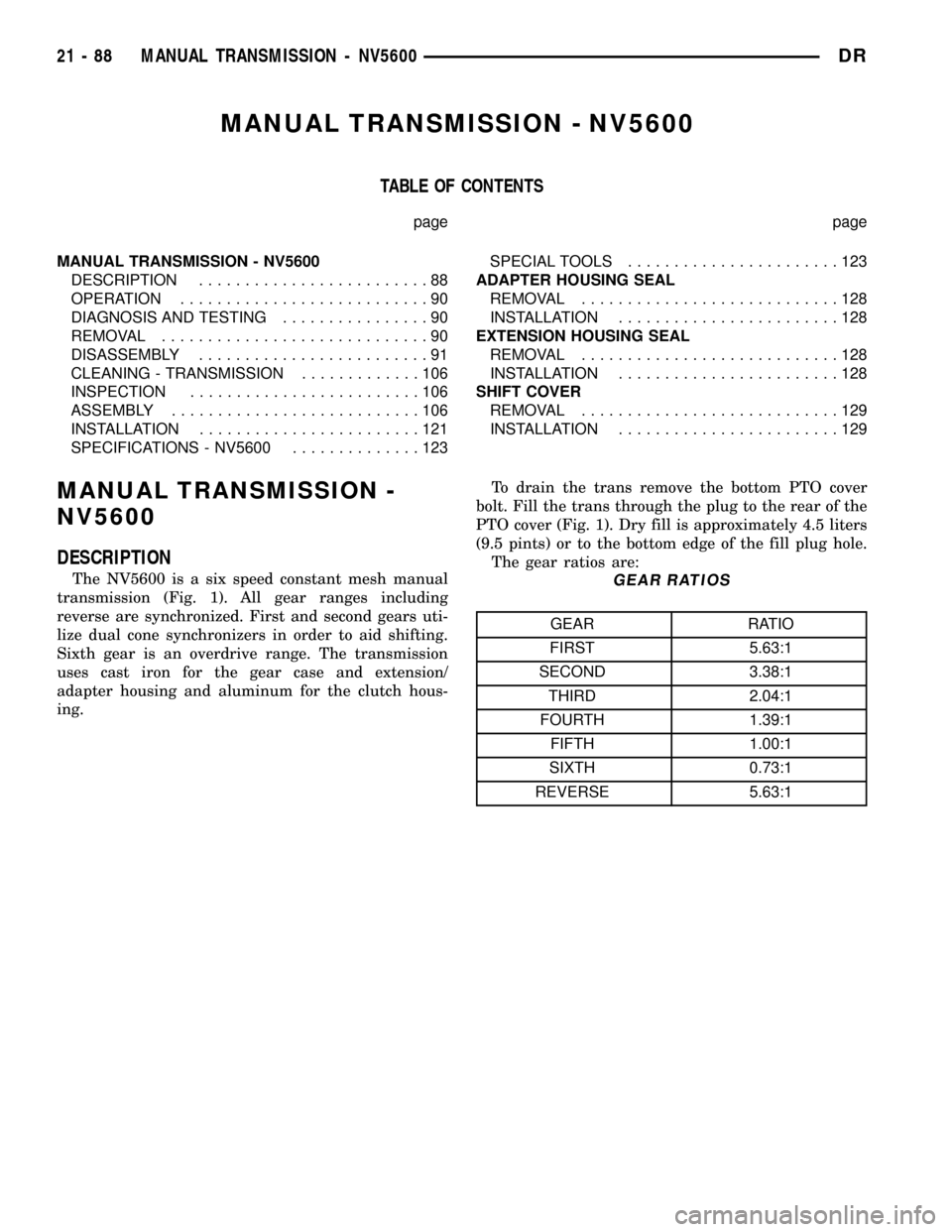 DODGE RAM 1500 1998 2.G Workshop Manual MANUAL TRANSMISSION - NV5600
TABLE OF CONTENTS
page page
MANUAL TRANSMISSION - NV5600
DESCRIPTION.........................88
OPERATION...........................90
DIAGNOSIS AND TESTING...............