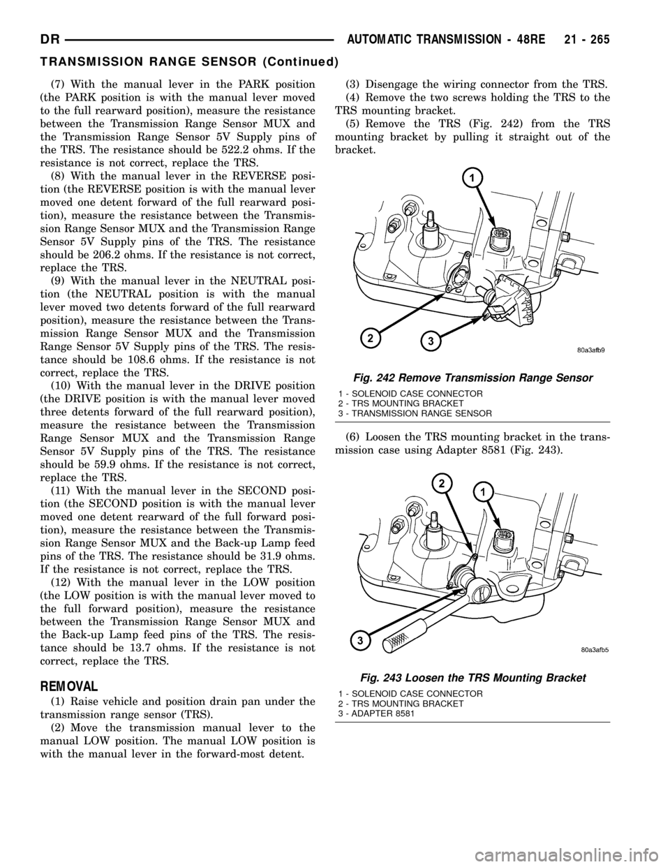 DODGE RAM 1500 1998 2.G Workshop Manual (7) With the manual lever in the PARK position
(the PARK position is with the manual lever moved
to the full rearward position), measure the resistance
between the Transmission Range Sensor MUX and
th
