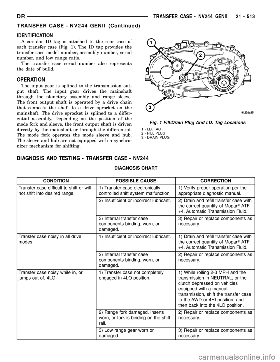 DODGE RAM 1500 1998 2.G Workshop Manual IDENTIFICATION
A circular ID tag is attached to the rear case of
each transfer case (Fig. 1). The ID tag provides the
transfer case model number, assembly number, serial
number, and low range ratio.
T