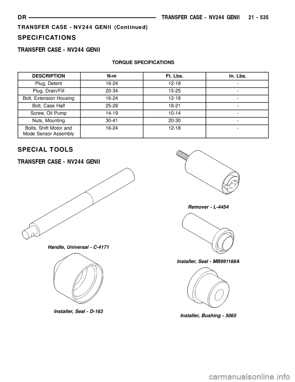 DODGE RAM 1500 1998 2.G Workshop Manual SPECIFICATIONS
TRANSFER CASE - NV244 GENII
TORQUE SPECIFICATIONS
DESCRIPTION N-m Ft. Lbs. In. Lbs.
Plug, Detent 16-24 12-18 -
Plug, Drain/Fill 20-34 15-25 -
Bolt, Extension Housing 16-24 12-18 -
Bolt,