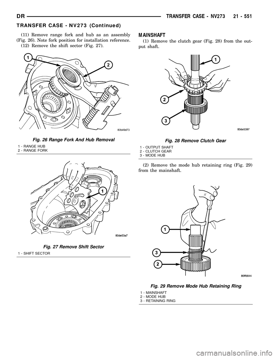 DODGE RAM 1500 1998 2.G Workshop Manual (11) Remove range fork and hub as an assembly
(Fig. 26). Note fork position for installation reference.
(12) Remove the shift sector (Fig. 27).MAINSHAFT
(1) Remove the clutch gear (Fig. 28) from the o