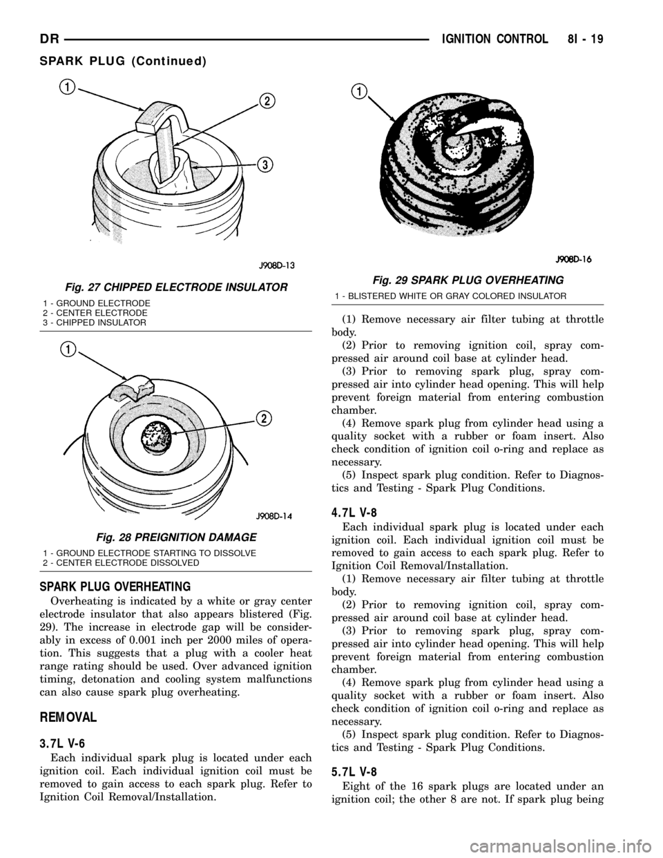 DODGE RAM 1500 1998 2.G Workshop Manual SPARK PLUG OVERHEATING
Overheating is indicated by a white or gray center
electrode insulator that also appears blistered (Fig.
29). The increase in electrode gap will be consider-
ably in excess of 0