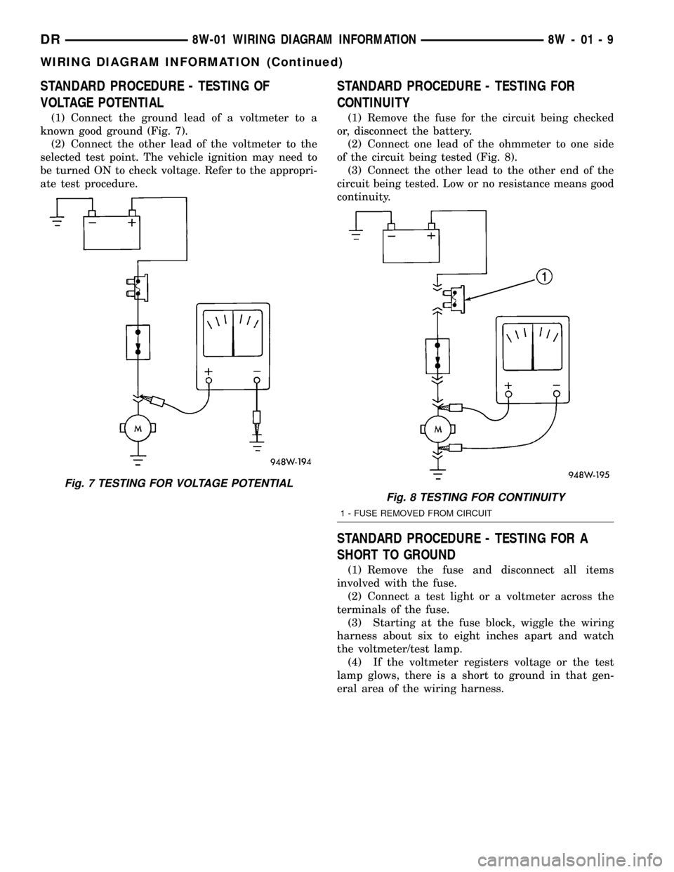 DODGE RAM 1500 1998 2.G Workshop Manual STANDARD PROCEDURE - TESTING OF
VOLTAGE POTENTIAL
(1) Connect the ground lead of a voltmeter to a
known good ground (Fig. 7).
(2) Connect the other lead of the voltmeter to the
selected test point. Th