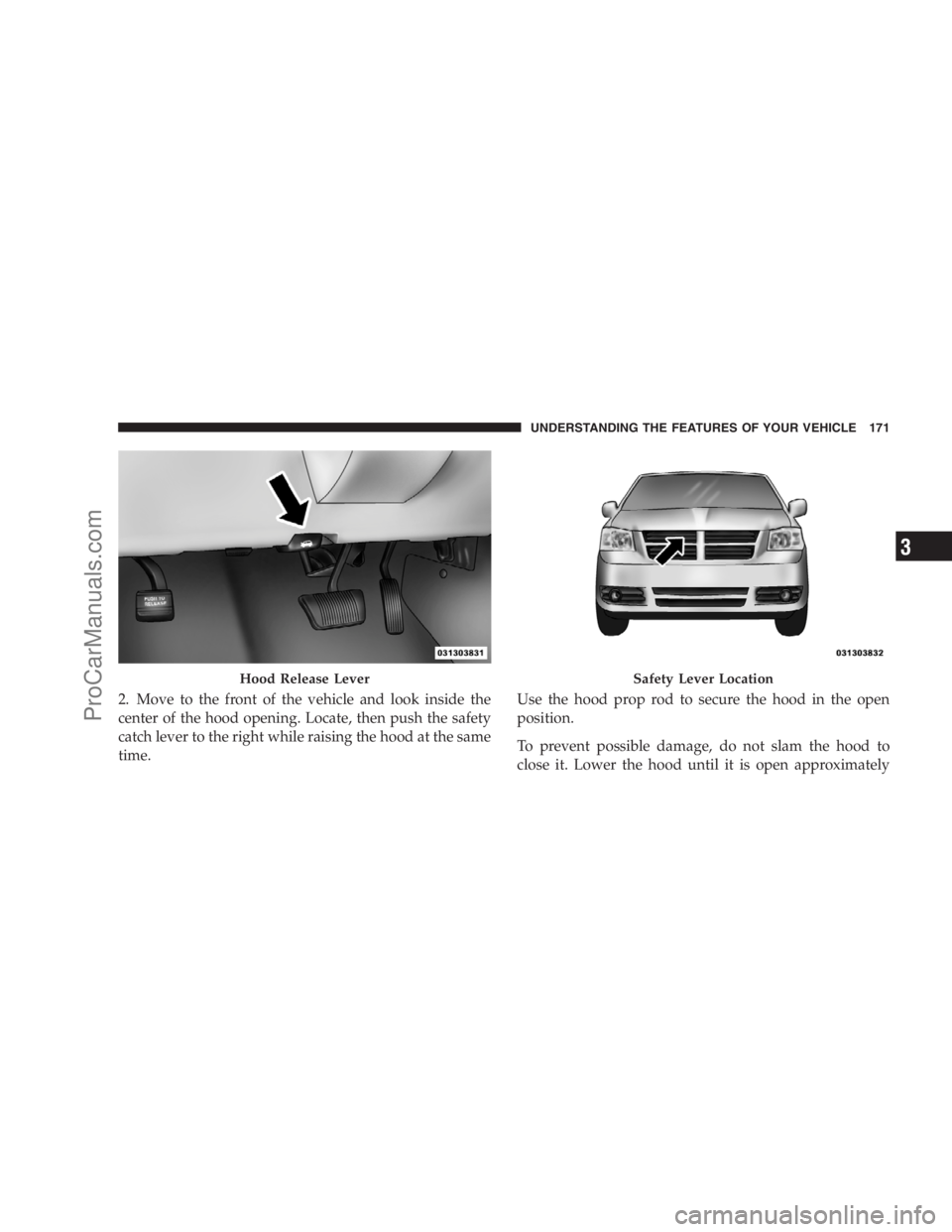 DODGE CARAVAN 2009  Owners Manual 2. Move to the front of the vehicle and look inside the
center of the hood opening. Locate, then push the safety
catch lever to the right while raising the hood at the same
time.Use the hood prop rod 