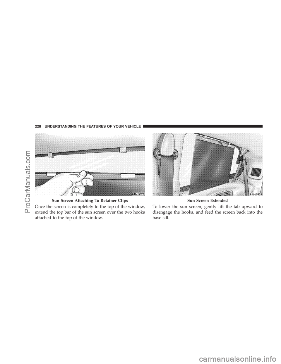 DODGE CARAVAN 2009  Owners Manual Once the screen is completely to the top of the window,
extend the top bar of the sun screen over the two hooks
attached to the top of the window.To lower the sun screen, gently lift the tab upward to