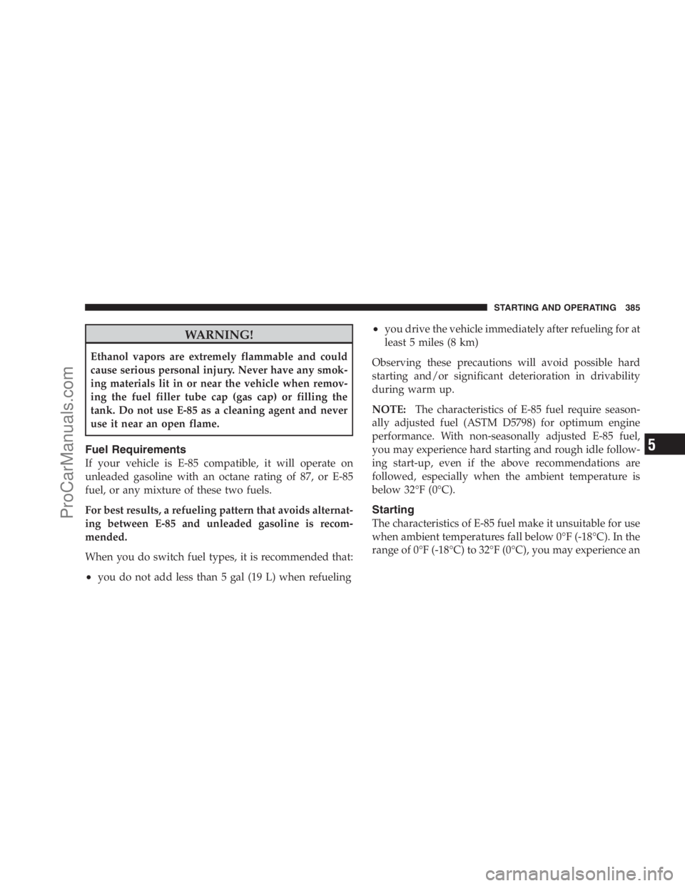 DODGE CARAVAN 2009  Owners Manual WARNING!
Ethanol vapors are extremely flammable and could
cause serious personal injury. Never have any smok-
ing materials lit in or near the vehicle when remov-
ing the fuel filler tube cap (gas cap