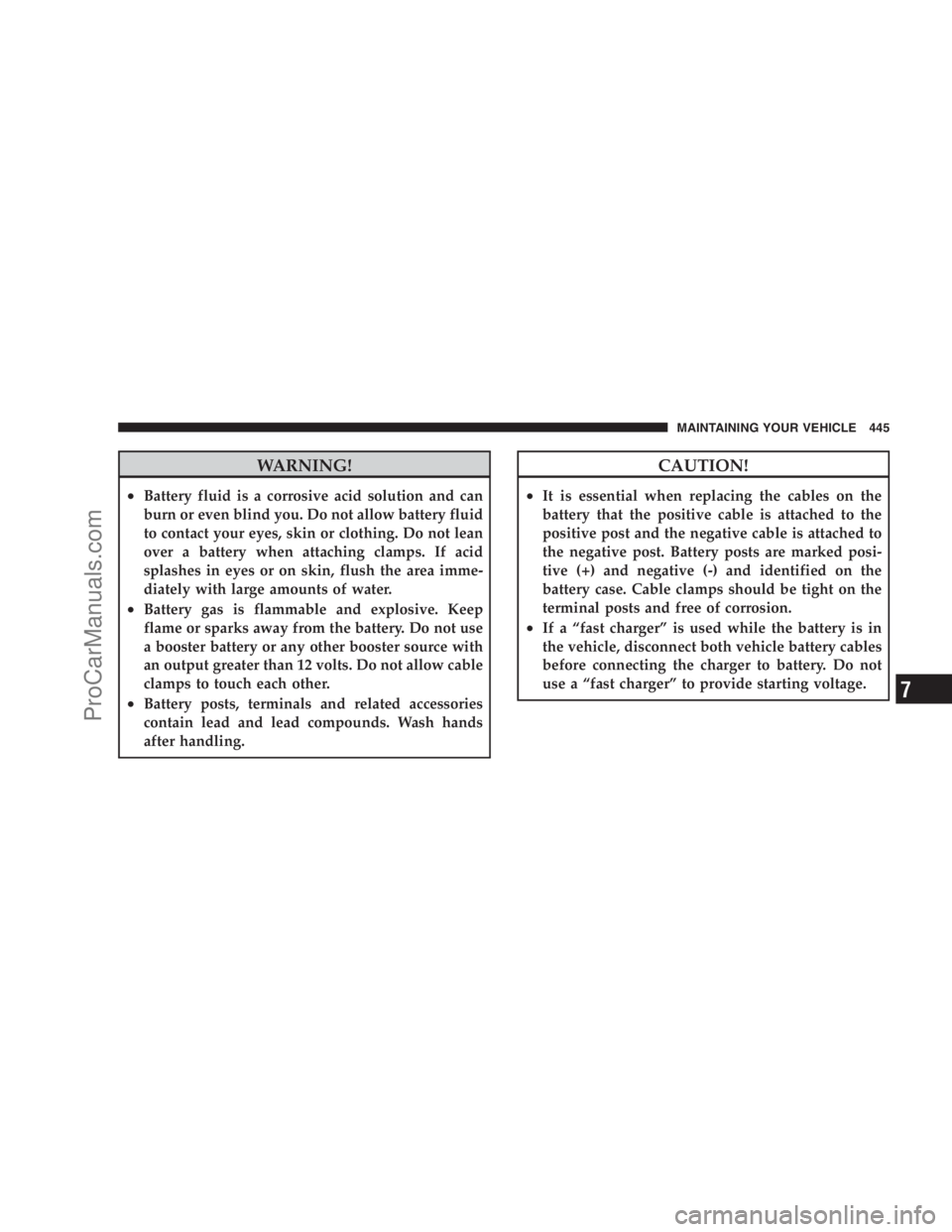 DODGE CARAVAN 2009  Owners Manual WARNING!
•Battery fluid is a corrosive acid solution and can
burn or even blind you. Do not allow battery fluid
to contact your eyes, skin or clothing. Do not lean
over a battery when attaching clam