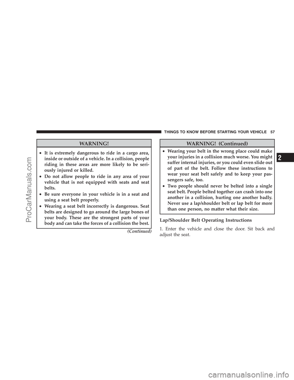 DODGE CARAVAN 2009  Owners Manual WARNING!
•It is extremely dangerous to ride in a cargo area,
inside or outside of a vehicle. In a collision, people
riding in these areas are more likely to be seri-
ously injured or killed.
•Do n