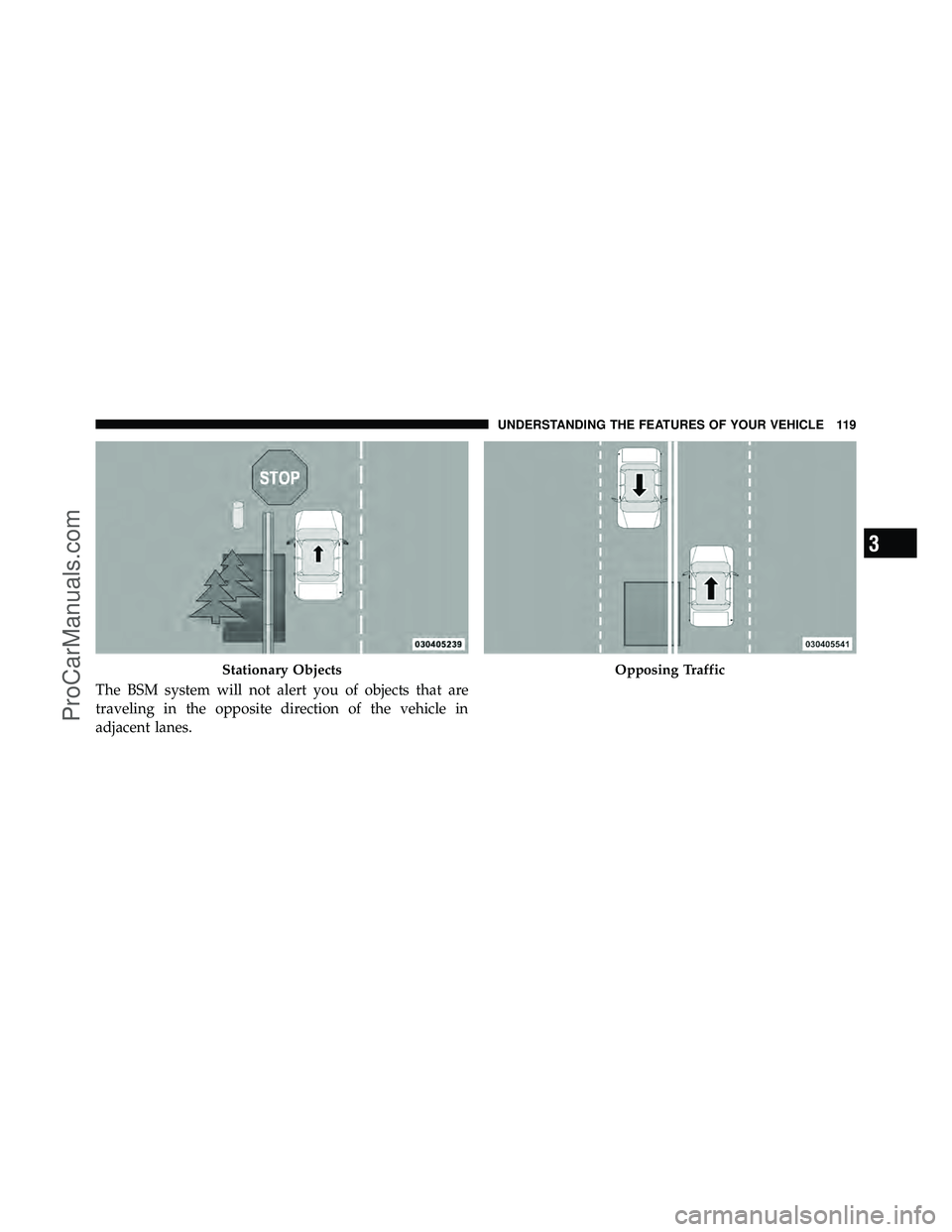 DODGE CARAVAN 2010  Owners Manual The BSM system will not alert you of objects that are
traveling in the opposite direction of the vehicle in
adjacent lanes.
Stationary ObjectsOpposing Traffic
3
UNDERSTANDING THE FEATURES OF YOUR VEHI