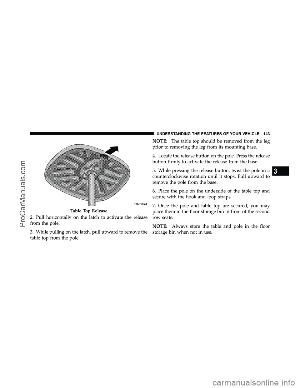 DODGE CARAVAN 2010  Owners Manual 2. Pull horizontally on the latch to activate the release
from the pole.
3. While pulling on the latch, pull upward to remove the
table top from the pole.NOTE:
The table top should be removed from the