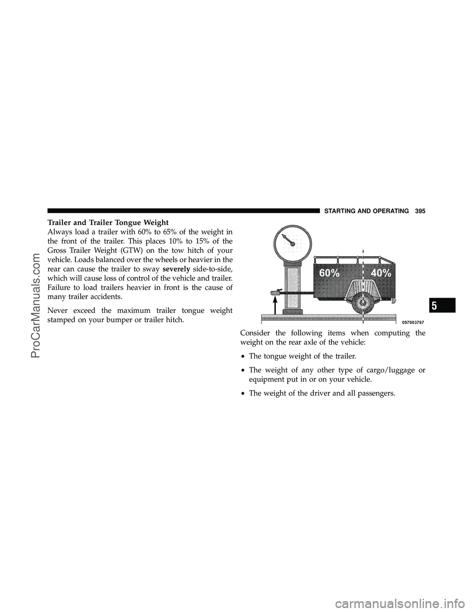 DODGE CARAVAN 2010  Owners Manual Trailer and Trailer Tongue Weight
Always load a trailer with 60% to 65% of the weight in
the front of the trailer. This places 10% to 15% of the
Gross Trailer Weight (GTW) on the tow hitch of your
veh